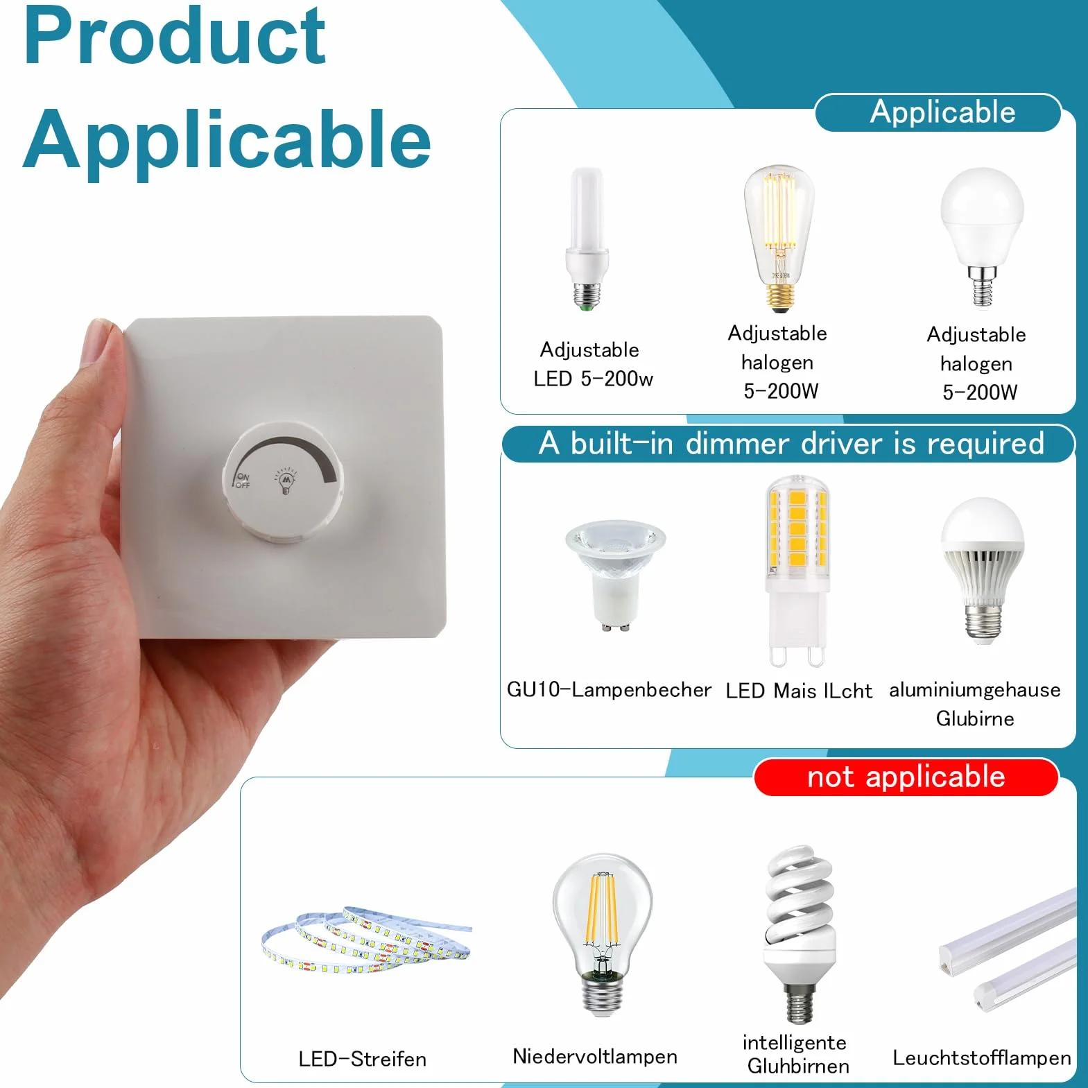 Regulador de intensidad para lámpara LED, interruptor de luz regulable 86 * 86mm 110-250V 10-16A 1-400W, interruptor empotrado, botón giratorio, regulación de velocidad sin etapas para lámparas
