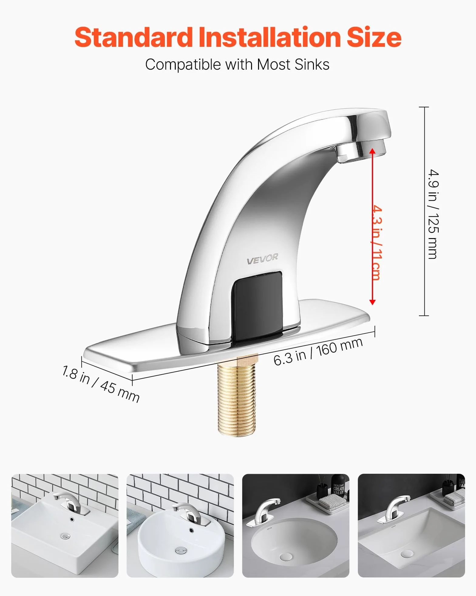 VEVOR Grifo de Lavabo sin Contacto, Grifo Automático para Baño de Solo Agua Fría, Aleación de Zinc, Diseño Delfín, con Tapa G233, Resistente a la Oxidación, 160 x 45 x 125 mm, Cromado Plateado