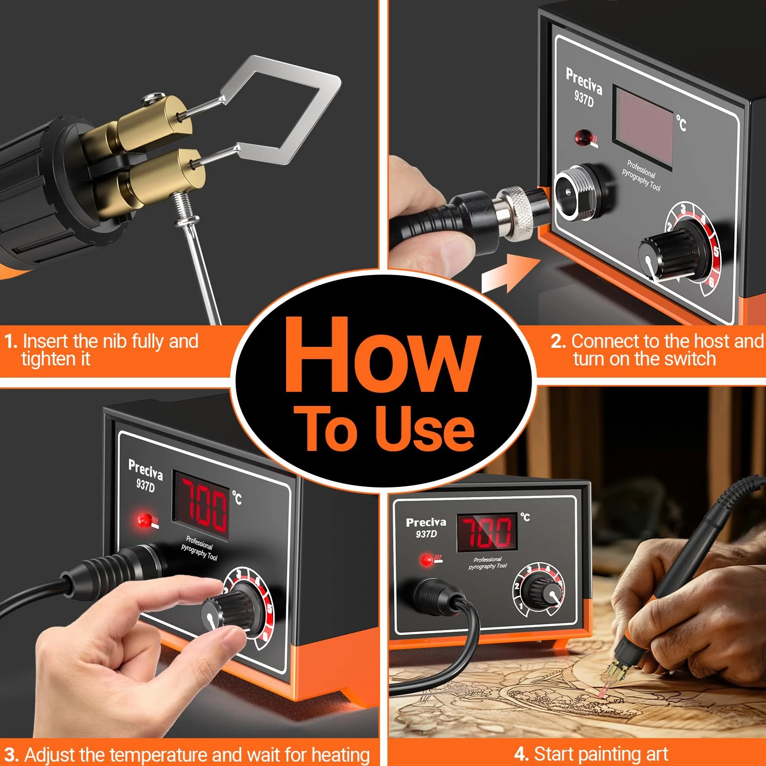 Preciva Pirograbador de Madera 25W 250-700°C con Pantalla Digital, Temperatura Ajustable, 20 Puntas Intercambiables, Estación de Pirograbado, Pirografo para Madera, para Madera y Cuero DIY