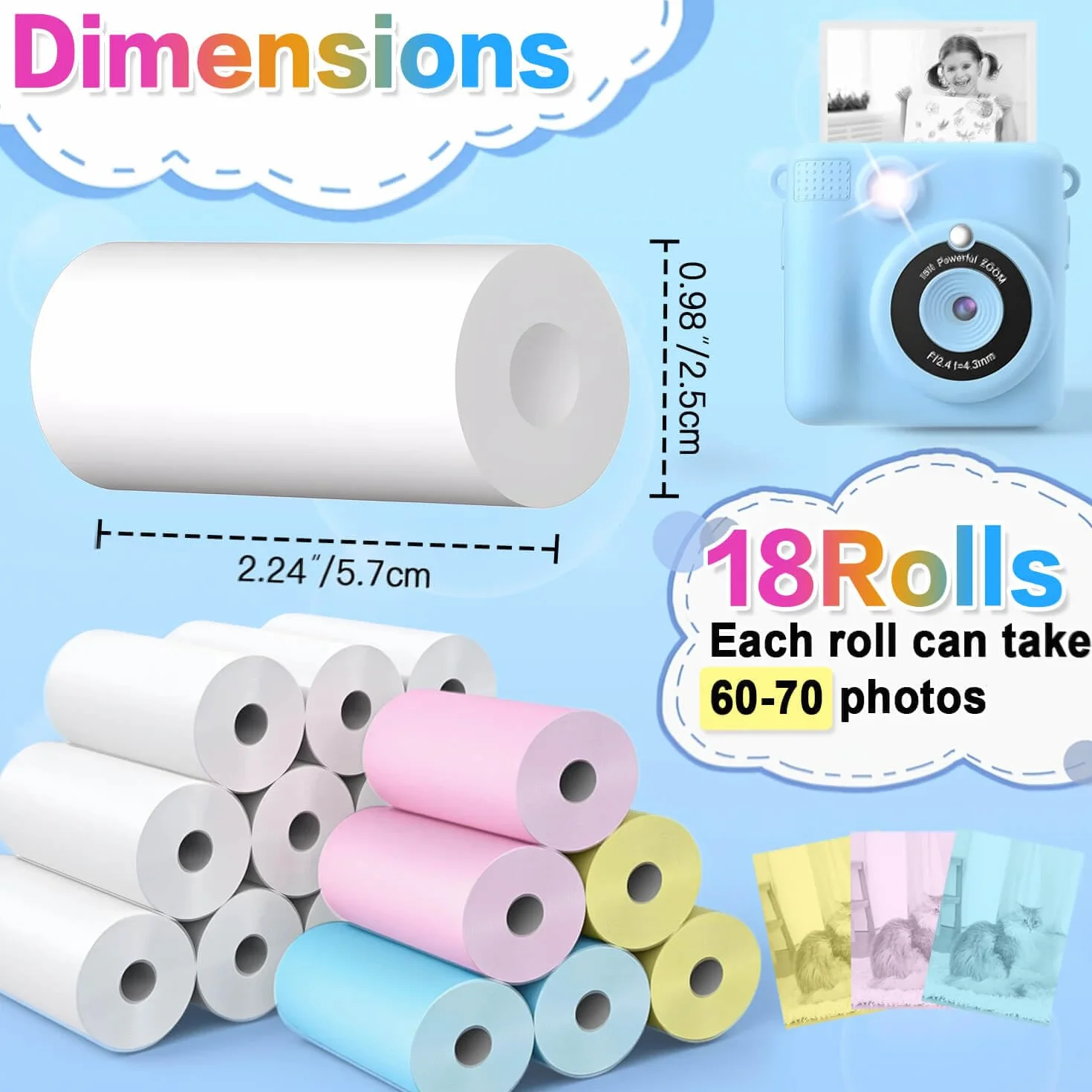 18 rollos de papel de repuesto para cámara para niños, compatible con la mayoría de cámaras de impresión instantánea para niños (2.25 x 1 pulgada)