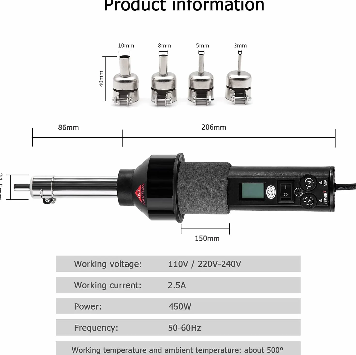 DEWIN Pistola de Calor, Hot Air Gun Pistolas Pintura 220V 450W LCD Ajustable Pistola de Aire Caliente de Calor Electrónico Estación de Soldadura IC SMD BGA