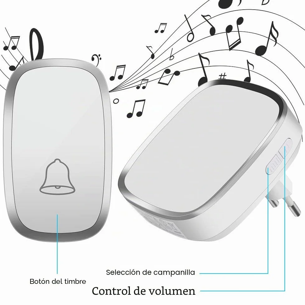 Timbre Inalámbrico Impermeable para Puerta, Receptor y 1 Transmisor, 300m, Blanco