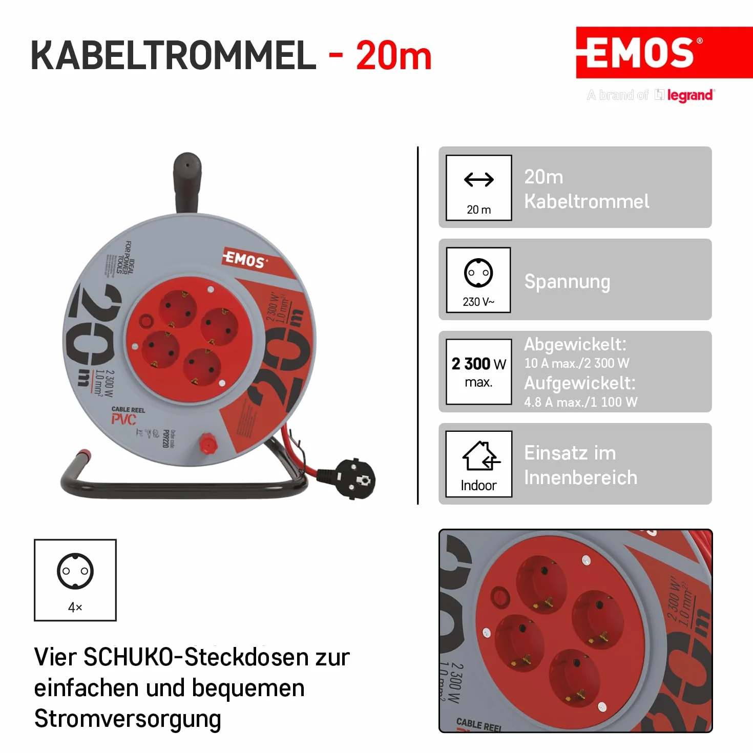 EMOS tambor cable 20 m, 4 Schuko, 230 V 10 A 2300 W, PVC H05VV-F3G 1.0 mm², protección sobrecalentamiento, freno bobina, IP20, interior