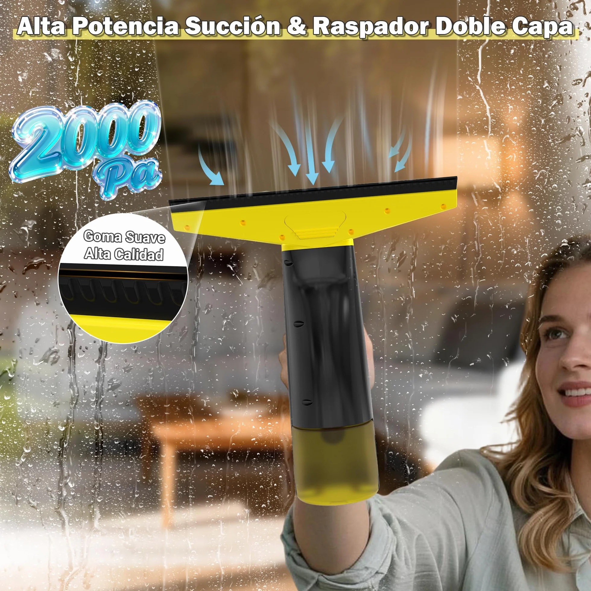 EAVE Limpiacristales Electrico, Set Limpiacristales con 45min de Autonomía, Limpia Cristales Electrico Ventanas con Boquilla de 28cm y Depósito de 200ml, Apto para Ventanas y Espejos (amarillo)