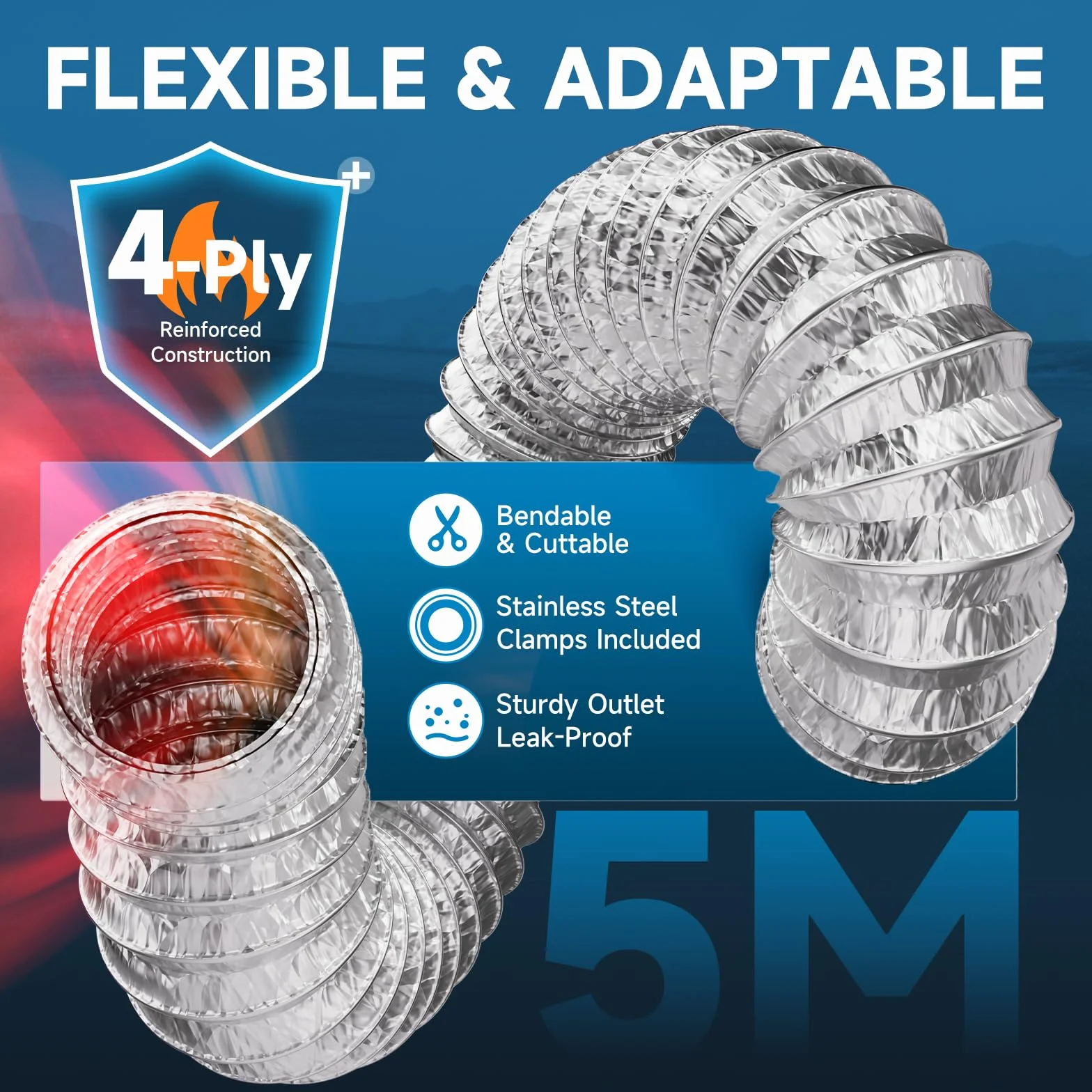 Hon&Guan Ø 125mm X 5m Manguera Flexible de Ventilación de Aluminio Tubo Salida Aire, Tubo Flexible de Salida de Aire con 2 Abrazaderas Acero para Aire Acondicionado, Campana Extractora, Plata