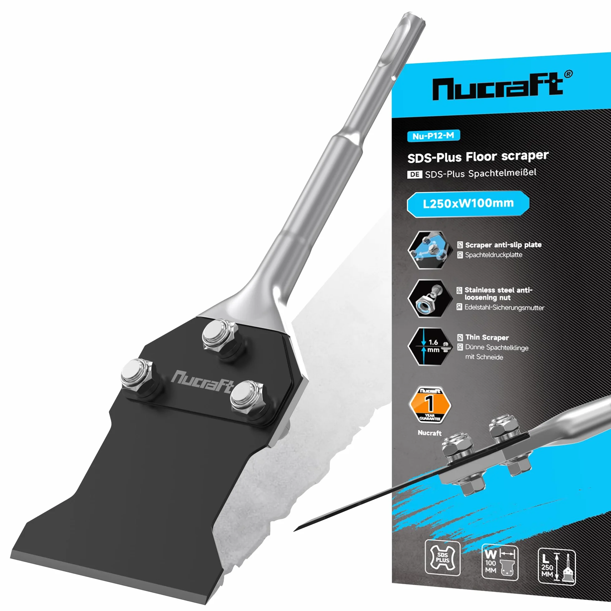 Nucraft SDS-Plus - Cincel para espátula (250 x 100 mm, para quitar el pegamento del suelo, alfombras, linóleo, adhesivo para baldosas, baldosas de PVC, color