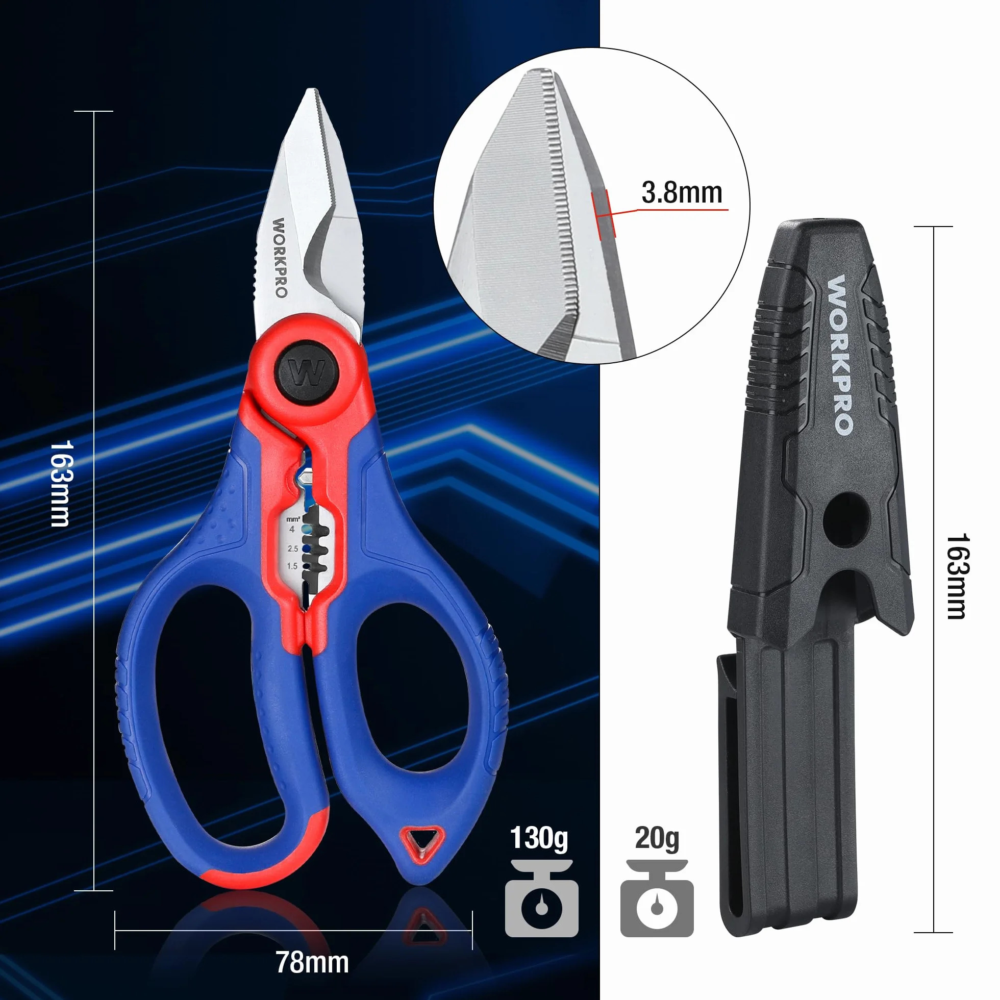 WORKPRO Tijeras Electricista Multifuncionales de Acero Inoxidable 163 mm