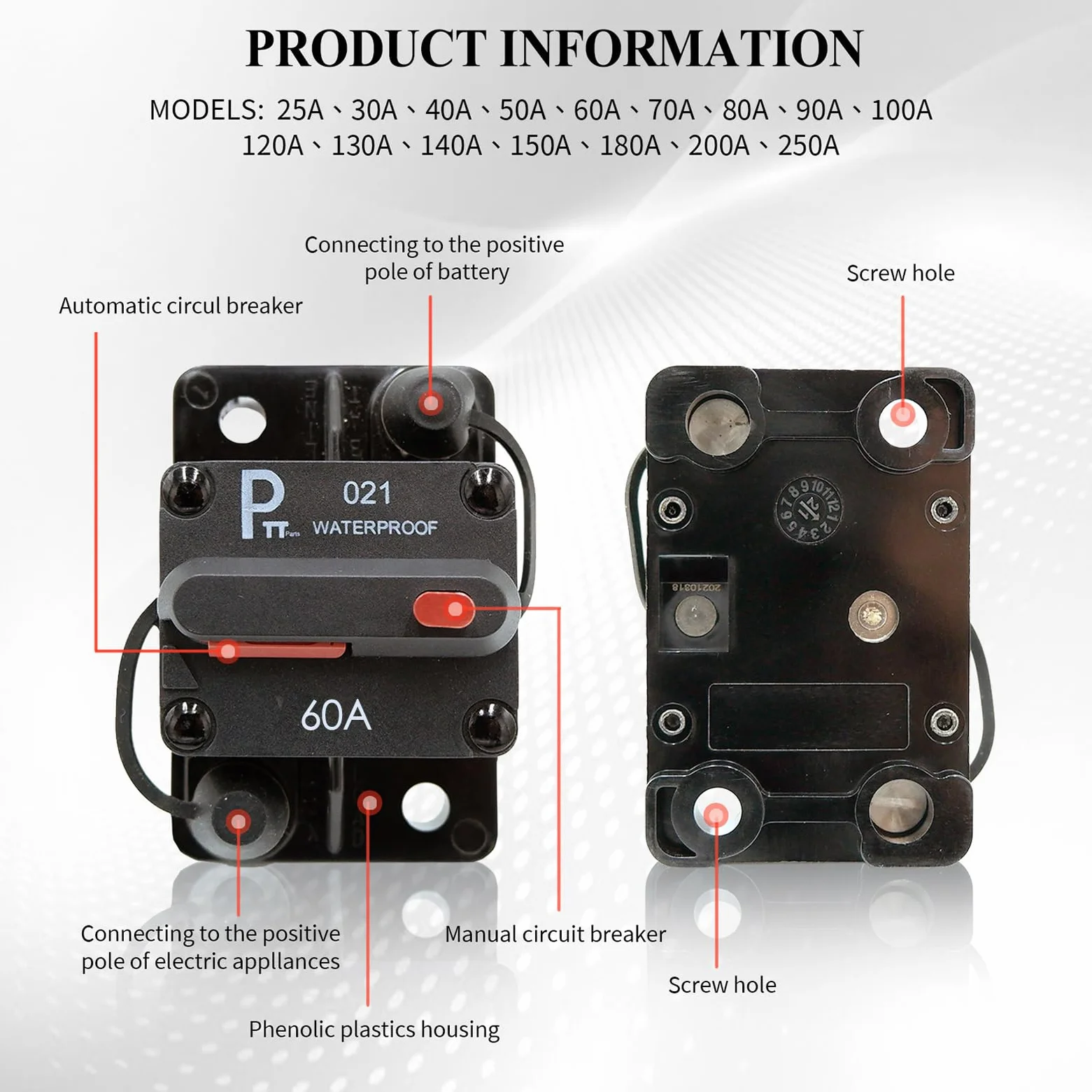 Disyuntor 60A 12–48V DC impermeable IP67 con LED indicador, desconectador de batería con reinicio manual y pernos 1/4", para coche, camper/RV, barco y sistema solar