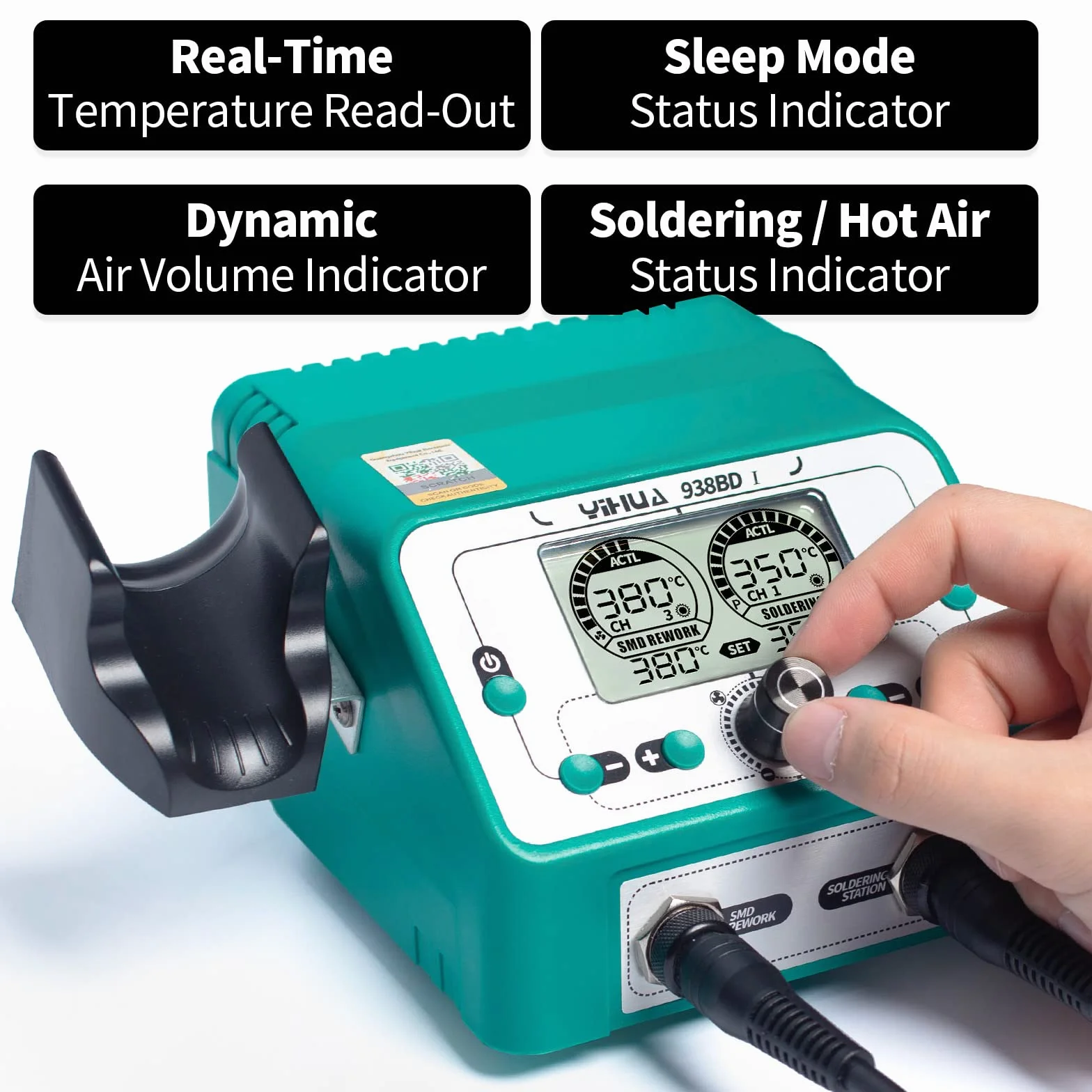 YIHUA 938BD-I 2 en 1 Estación de retrabajo de aire caliente 110W EVO Estación de kit de soldador con pantallas de temperatura dual Modo de suspensión