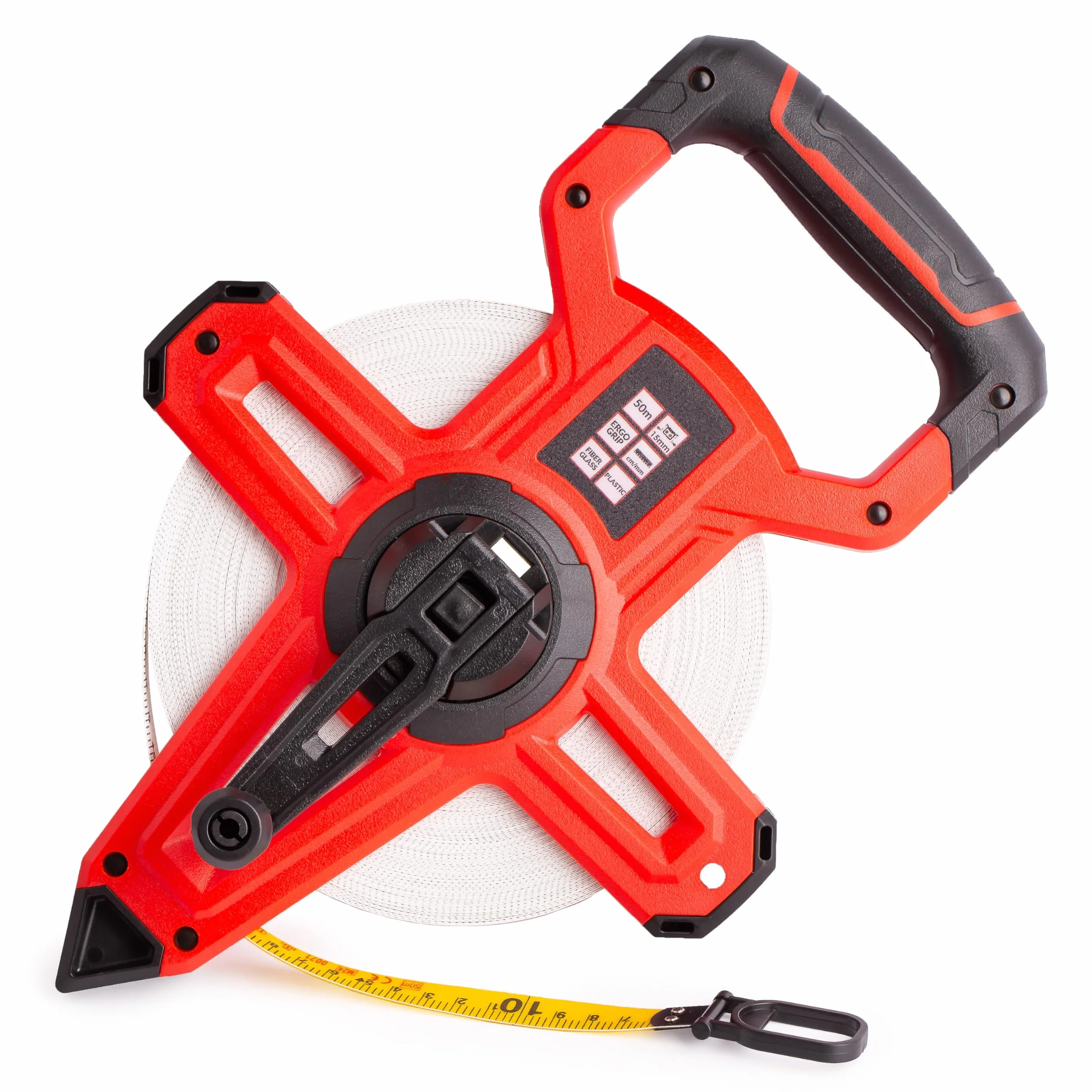 MIVOS Rollo abierto de cinta métrica 50m x 15mm - Cinta métrica de fibra de vidrio - Escala - Alimentación rápida de cinta - Carcasa de plástico ABS - Cinta métrica ergonómica y antideslizante