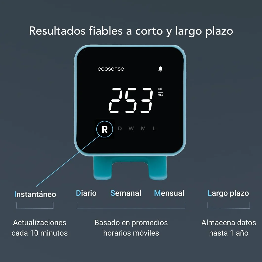 Ecosense EB100 EcoBlu, Detector de radón doméstico, captura y visualización de resultados cada 10 minutos, monitoreo continuo a corto y largo plazo, fácil de usar