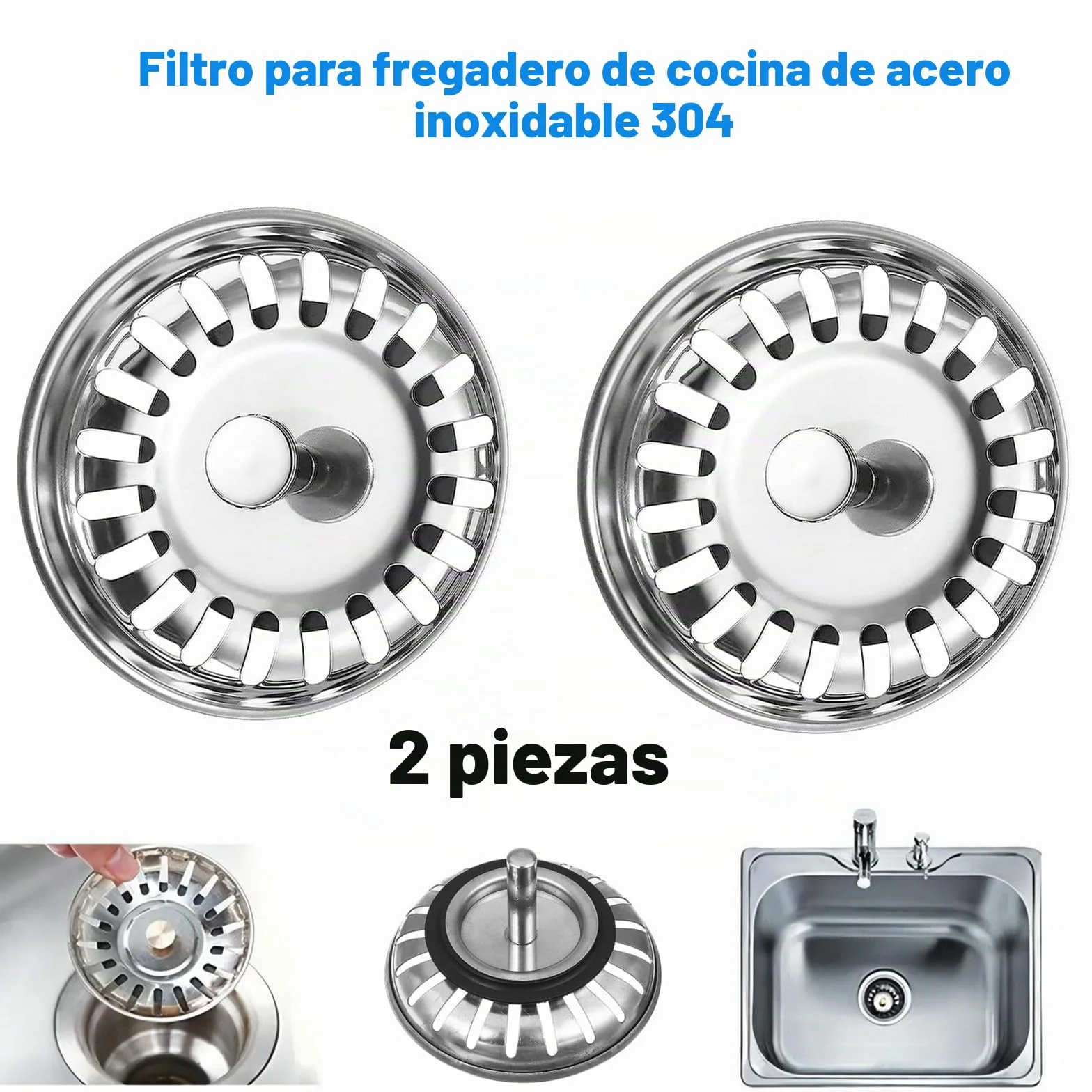 Tapón colador fregadero cocina acero inoxidable 80 mm UK paquete 2
