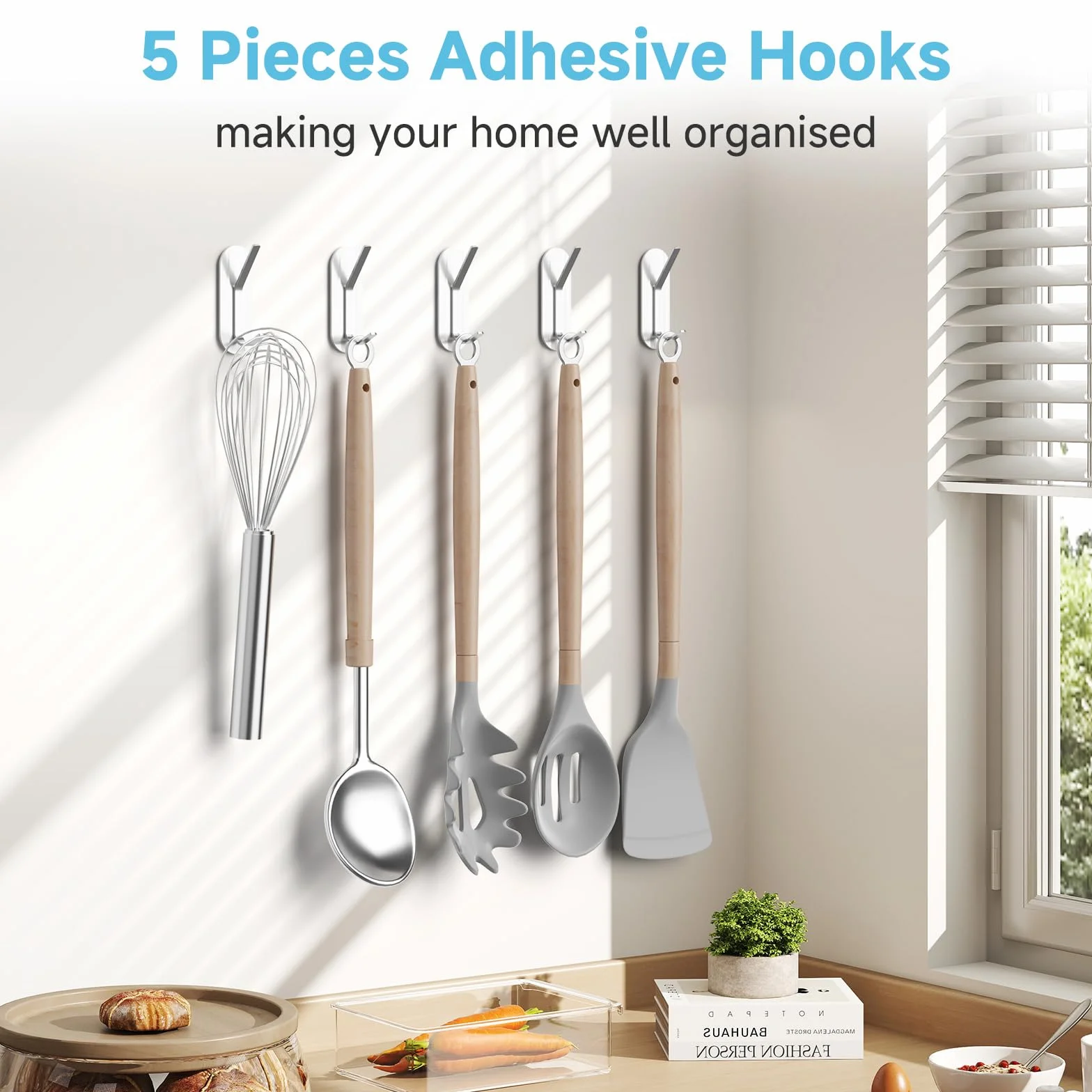Alyvisun 5 Piezas Ganchos Adhesivos para Pared, Colgadores Adhesivos Resistentes de Acero Inoxidable, Ganchos de Pared sin Taladrar, Colgador Toalla para Baño Cocina Armario (Plata)