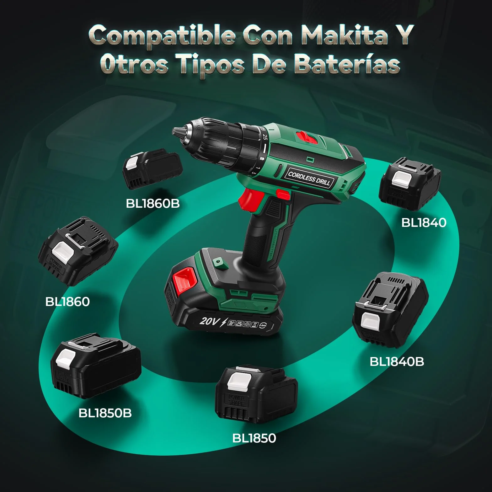 Taladro Atornillador Inalámbrico 20V 42Nm 2 Velocidades 25+1 Niveles Par Portabrocas 10mm 2000mAh