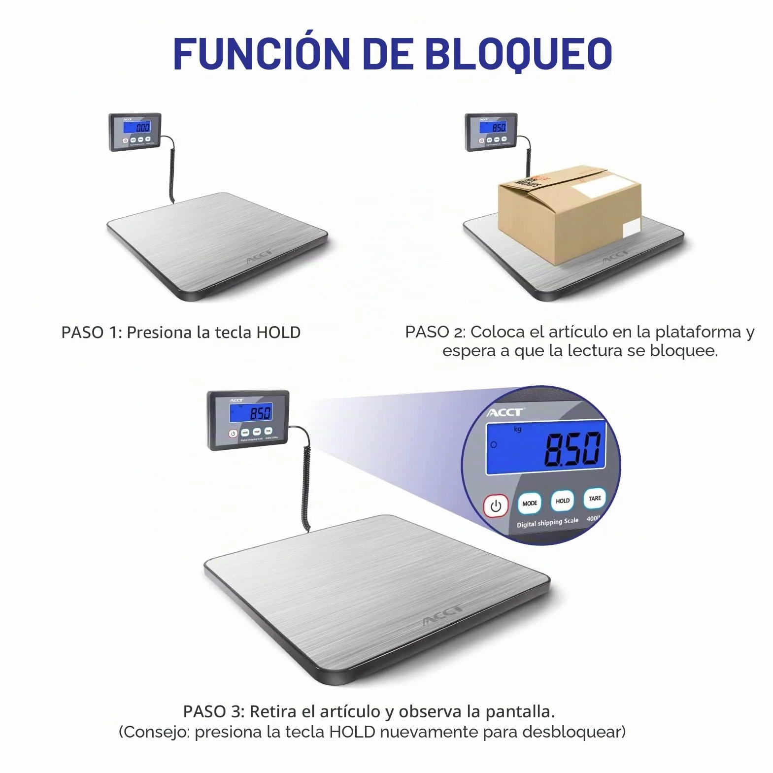 Báscula Postal ACCT 400 lb/180 kg, Función Retención/Tara, Industrial para Paquetes, Pilas y Cable USB