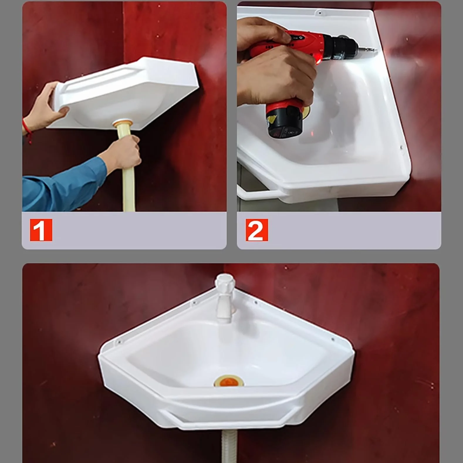 Fregadero esquinero de pared de 38 x 20 x 10 cm, de plástico, color blanco, para invitados, baño, camping, jardín, sótano, construcción, fregadero compacto para lavar a mano