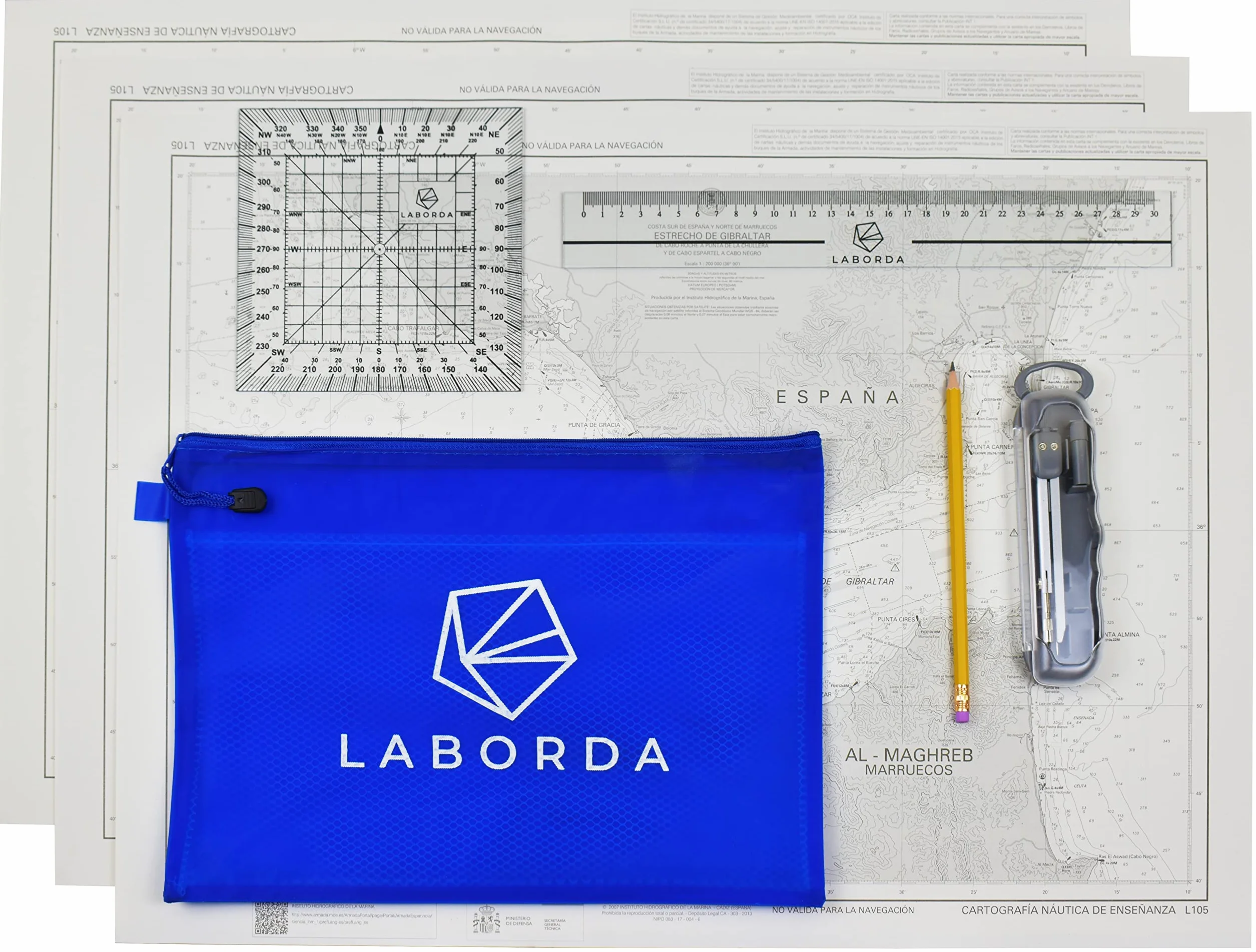 Kit Examen Per - Transportador de Ángulos Náutico, 3 Cartas Náuticas, Compás, Regla, Lápiz 2HB, Estuche