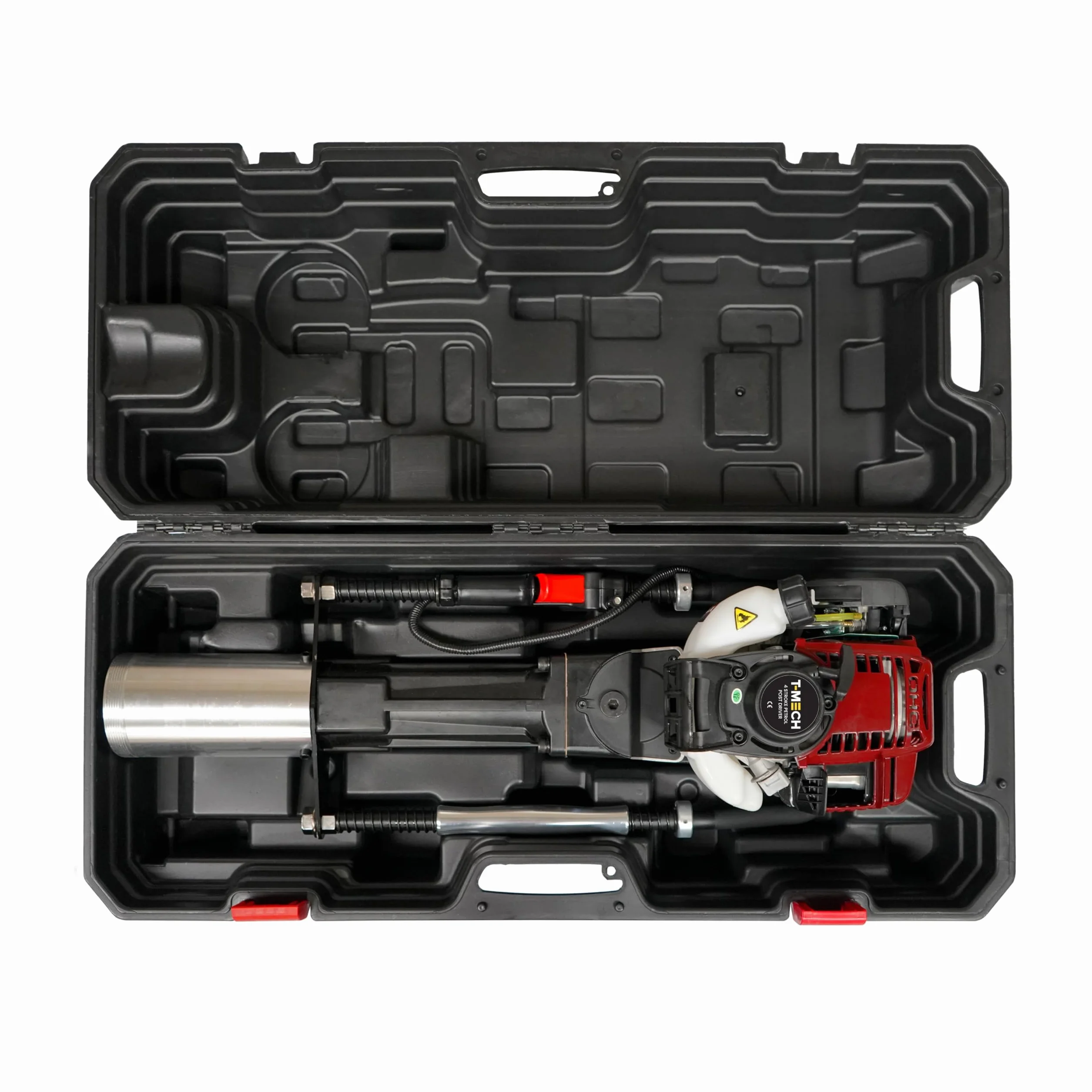 Clavador de poste de gasolina 4 tiempos T-Mech 900W 1,2HP 37,7cc | Fuerza de impacto 1350 rpm | 4 Accesorios 20-49mm, 50-69mm, 70-80mm, 100mm | Estuche con ruedas, Kit herramientas y grasa INCLUÍDOS