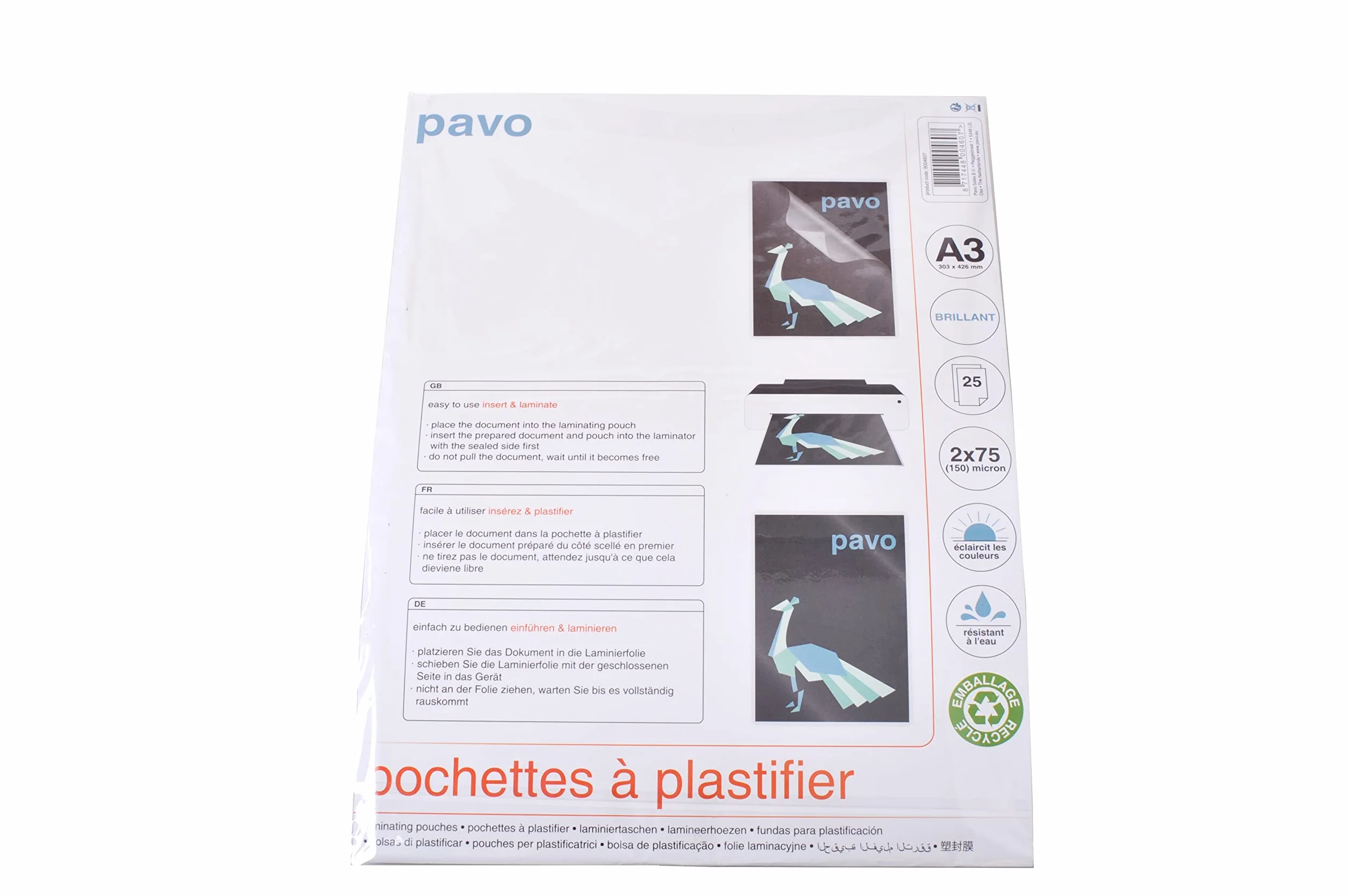 Pavo Fundas para Plastificar A3 75/80 mic Brillo Pack 25