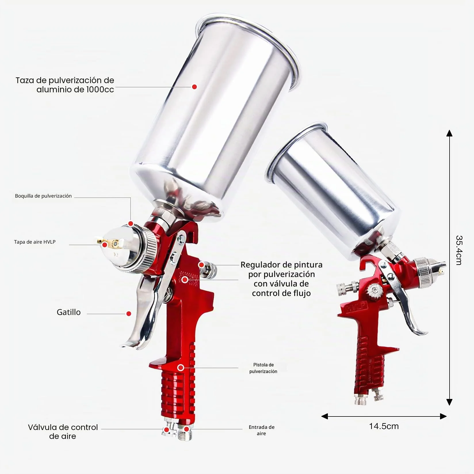 Pindex HVLP Pistola pulverizadora de Aire de alimentación por Gravedad: pulverizador de Pintura con Taza de Aluminio de 1000 CC | 3 boquillas para reparación de Coches, Pintura de Valla (Rojo)