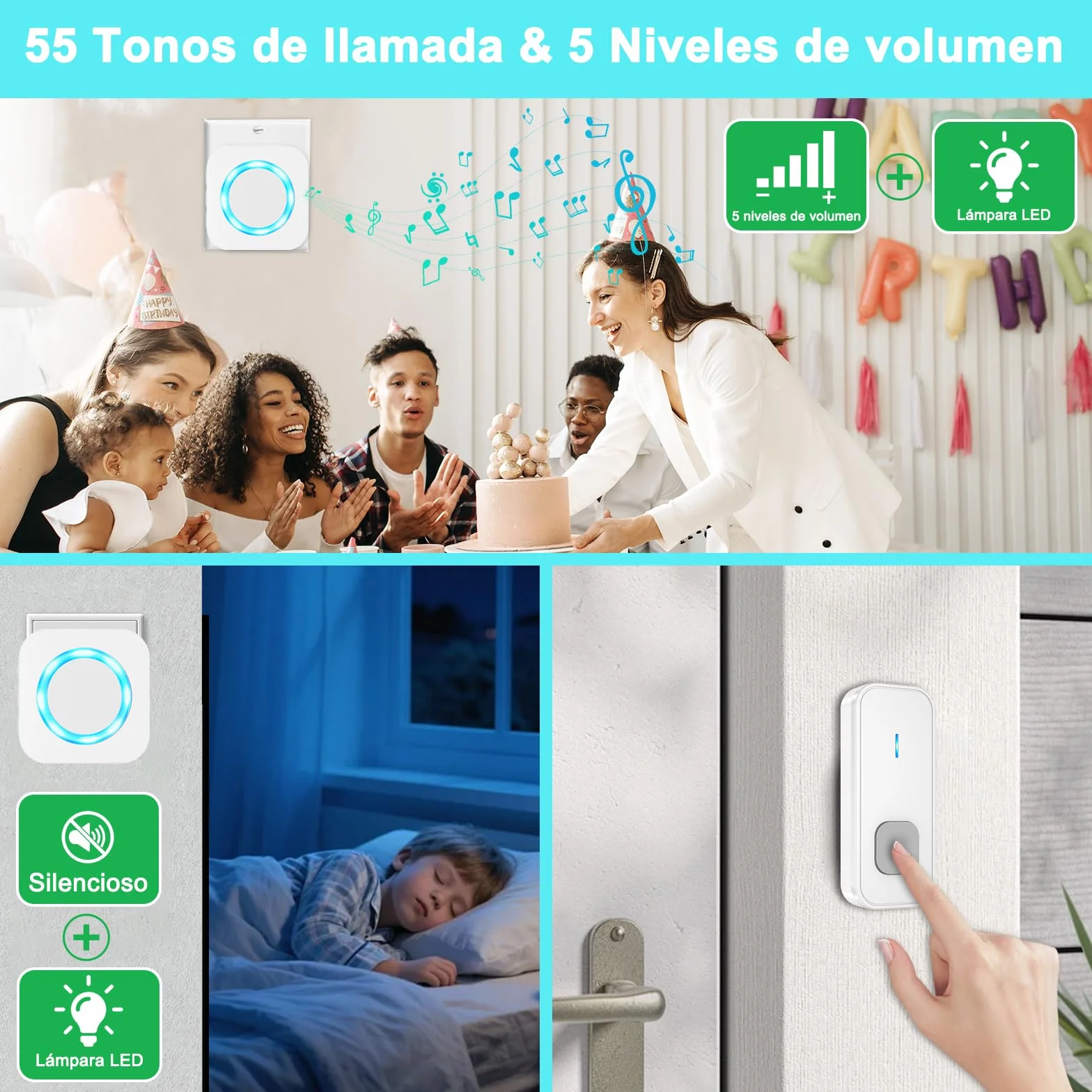 AIMAX Timbre Inalámbrico con 1 Emisor y 1 Receptor, Alcance de 400 m, IP55 Impermeable, 5 Niveles de Volumen / 55 Melodías, Apto para Interior y Exterior, Blanco