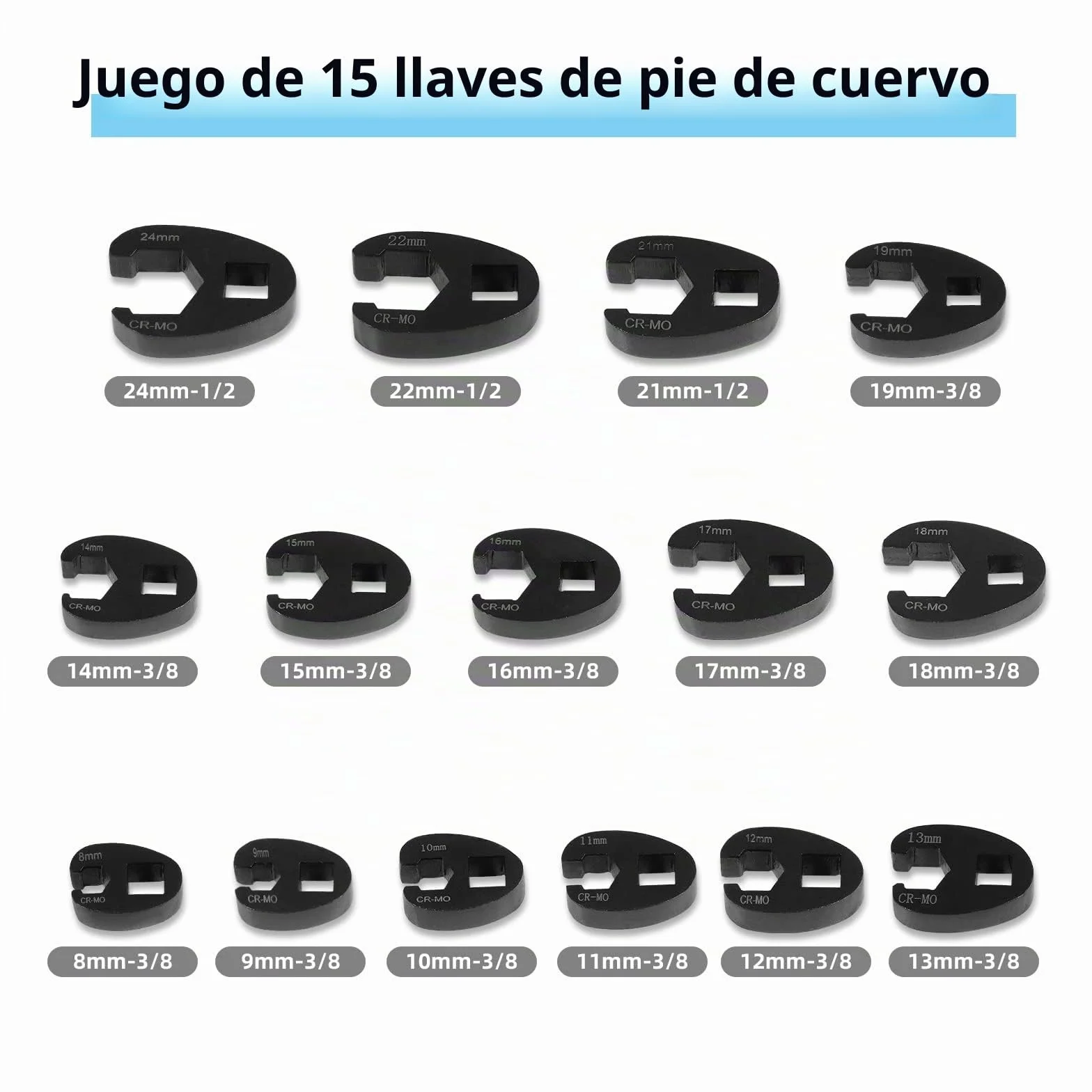 CCLIFE 15 piezas Juego de Llaves de Boca 3/8" 1/2" Llaves Crowfoot, 8-24 mm
