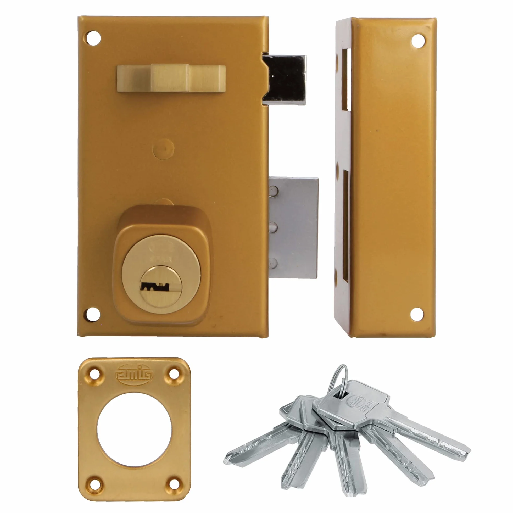 Amig - Cerradura de Sobreponer de Derecha con Palanca de Cierre - Lengüeta y Tirador para Puertas de Madera - Mod. 75, 67 x 112 mm - Cilindro Redondo de Seguridad - Acero - Dorado
