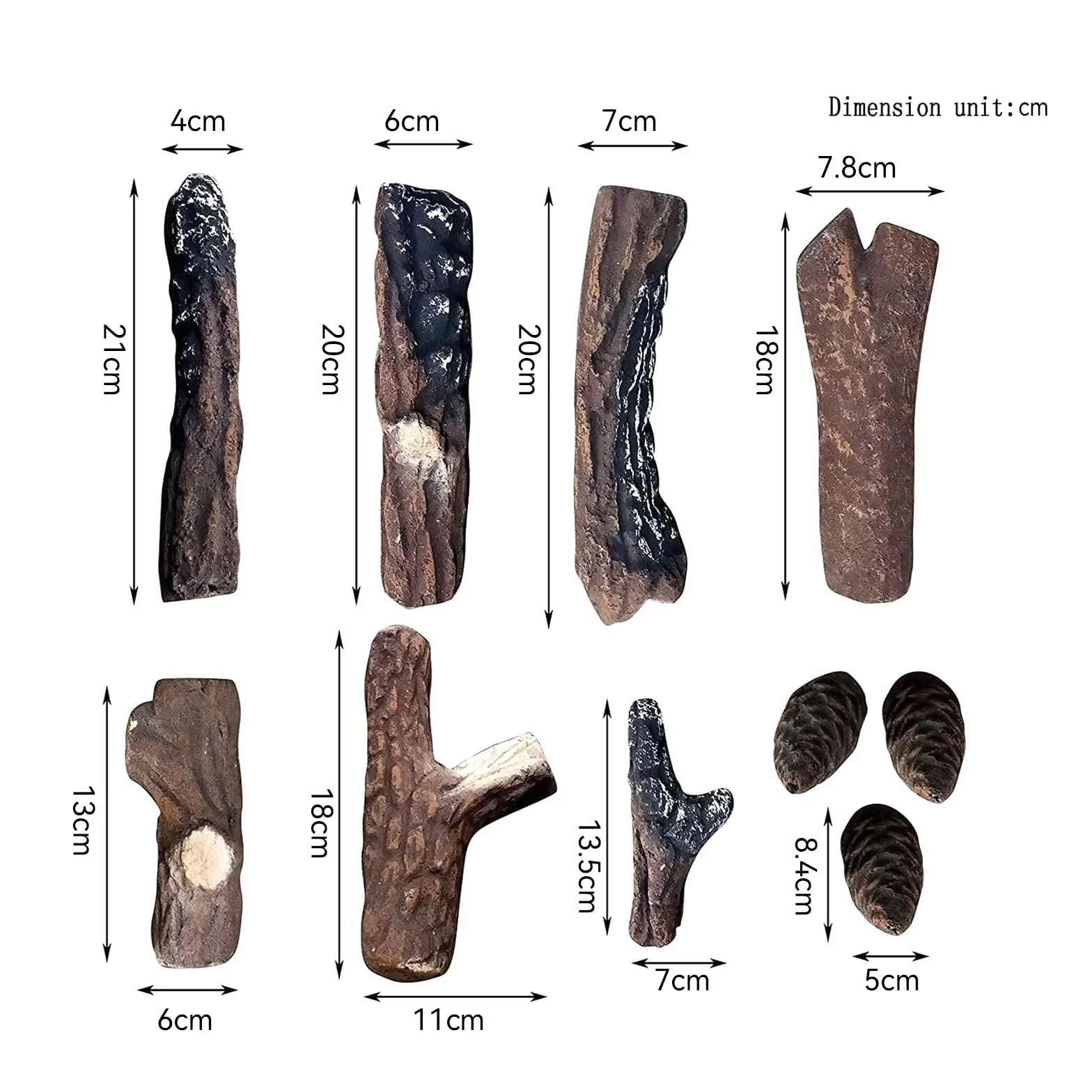 Troncos de chimenea de gas, 10 troncos pequeños, juego de leña cerámica decorativa para interiores y exteriores, ventilados, sin ventilación, eléctricos, bioetanol