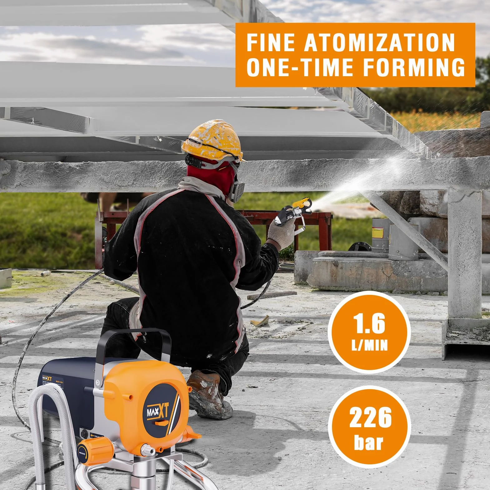 MAXXT Airless Pulverizador de Pintura 1200W Alta presión, Presión Ajustable-medidor de presión, máxima 226 Bar(3300 PSI), |110 m²-20 min|1.6L/MIN, Manguera 7,5 m, para proyectos Grandes/Parede/Techo
