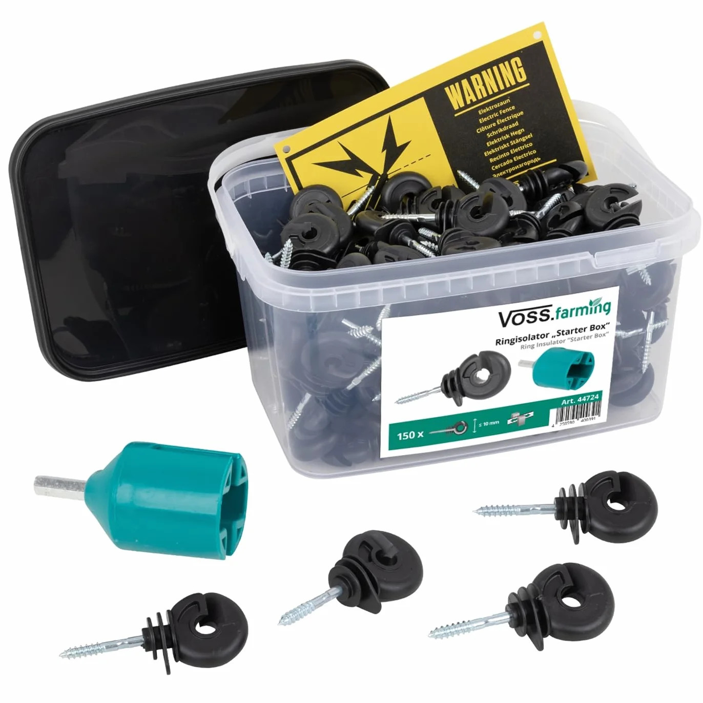 VOSS.farming 150x Anillo aislador para Hilo, Cinta, Cable para Pastor eléctrico, con Tornillo para Madera + Accesorio para Montaje