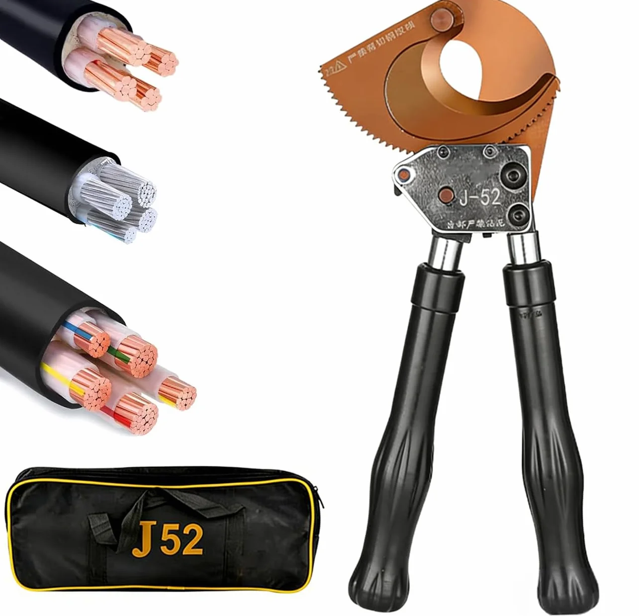 Cortador de Cable de Trinquete, J52 Cortador de Cables, Carraca Cortacables con Mango Retráctil, Cortador de Alambre para Cortar Cables Blindados de Cobre y Aluminio de Hasta 500mm²