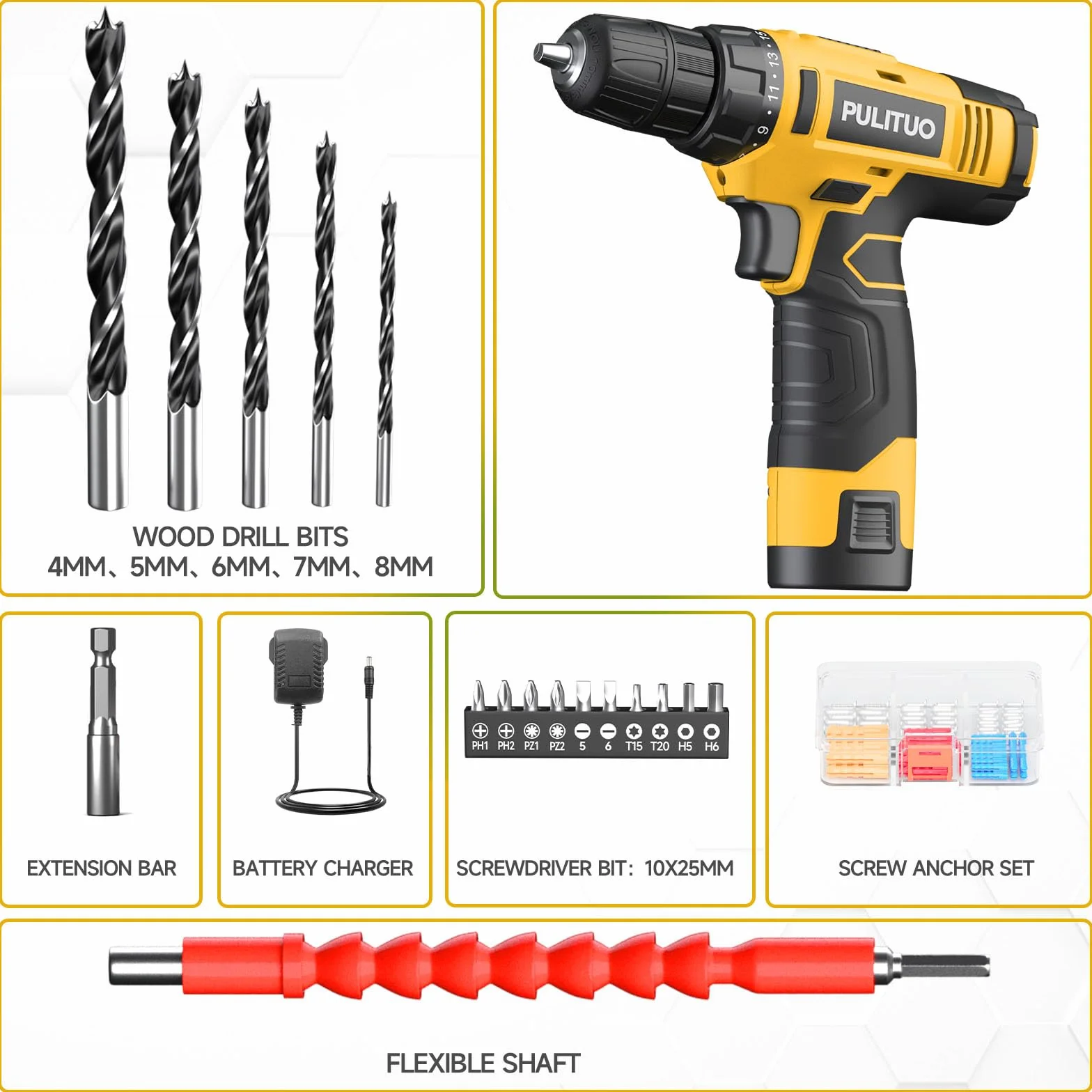 PULITUO 12V taladro inalámbrico, juegos de brocas de perforación de gran alcance con la batería de Li-Ion, 21 + 1 Ajuste de par, 3/8 "pulgadas portabrocas sin llave, taladro eléctrico.