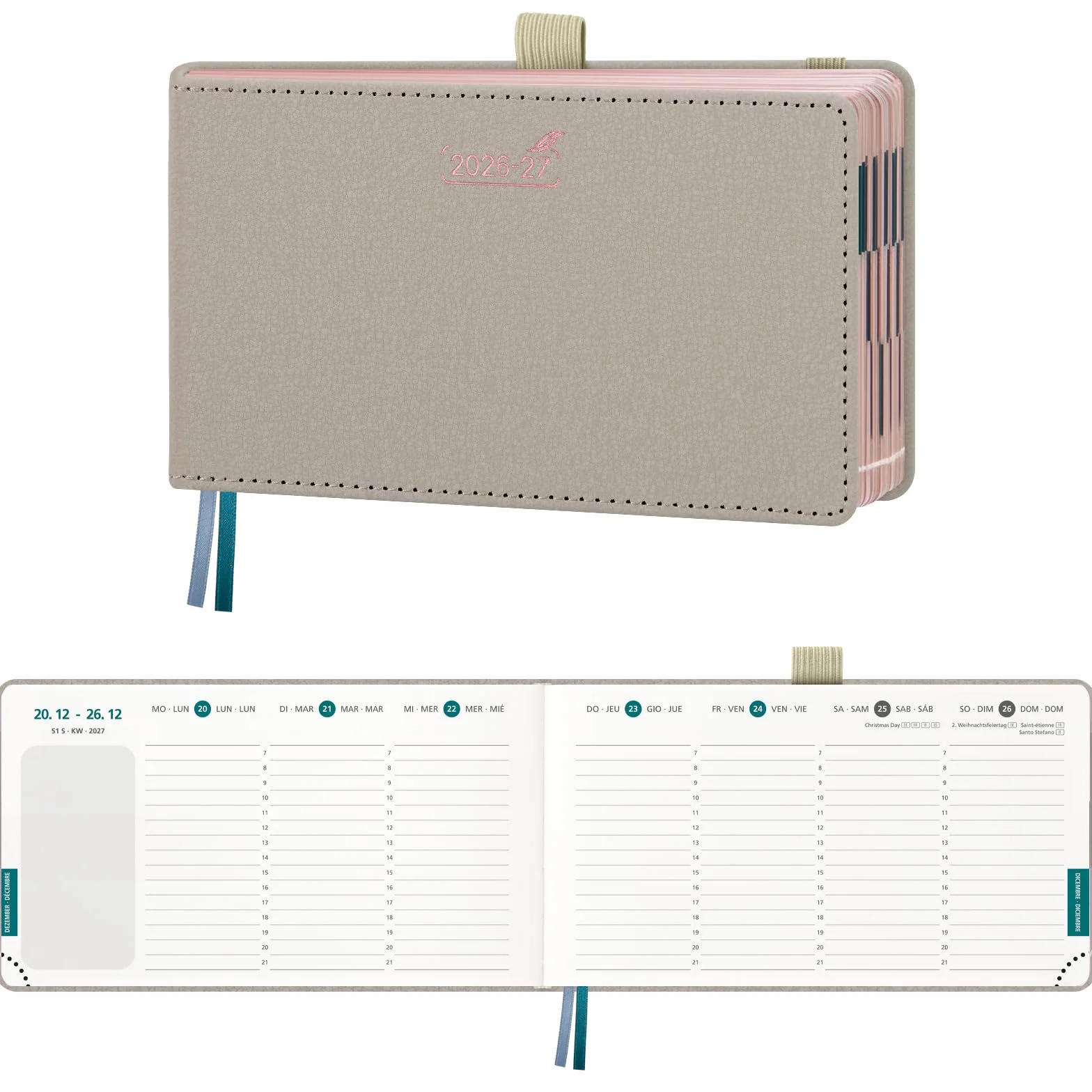 Agenda Escolar 2026-2027 Semana Vista Pequeña 18 Meses, Jul.26 a Dic.27, 16,7x9,4 cm, Tapa Dura Cuero PU, Beige