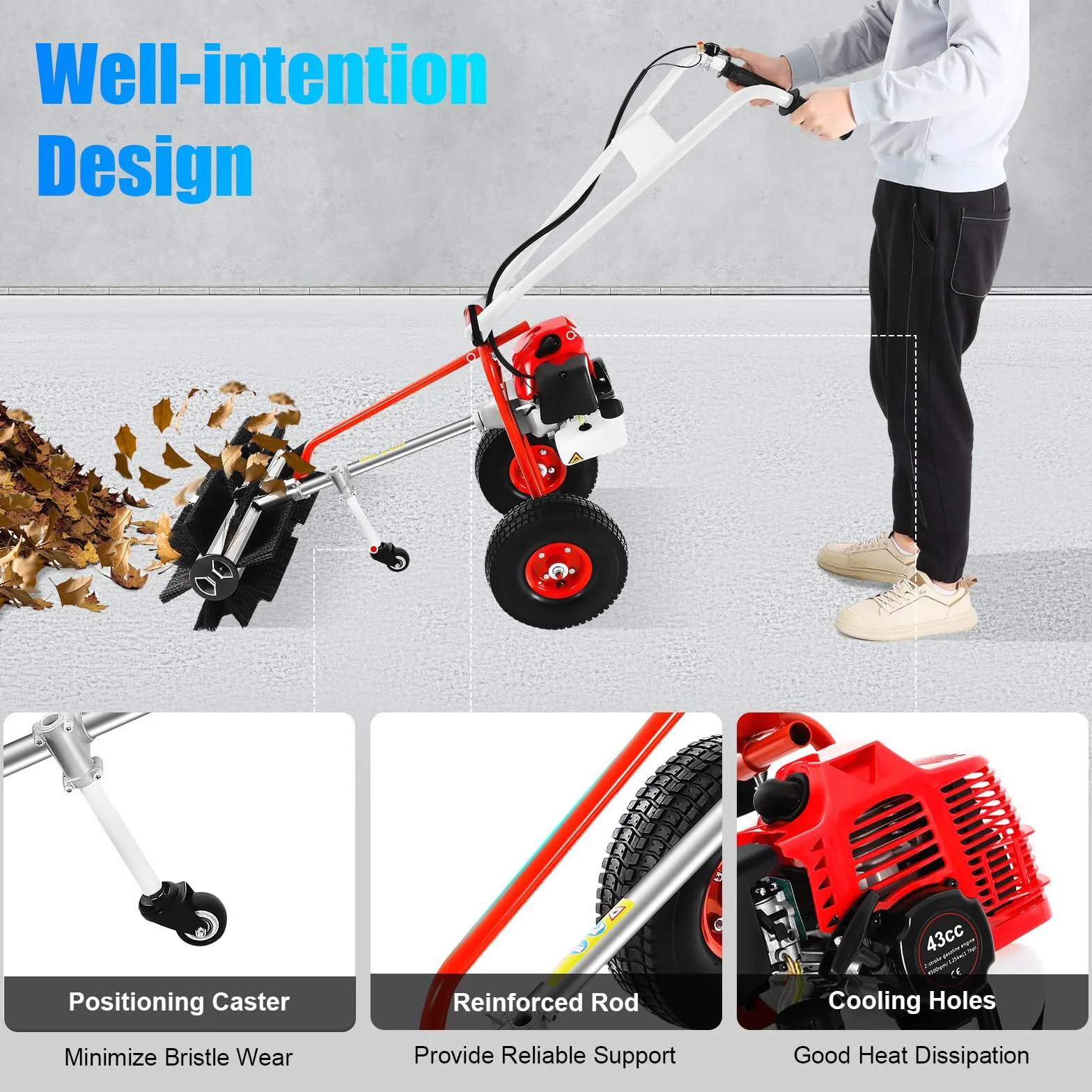 43CC Gasoline Lawn Sweeper, cepillo para césped artificial, barredora manual, escoba motor de gasolina, escoba de motor, barredora, removedor de nieve, recogedor de nieve