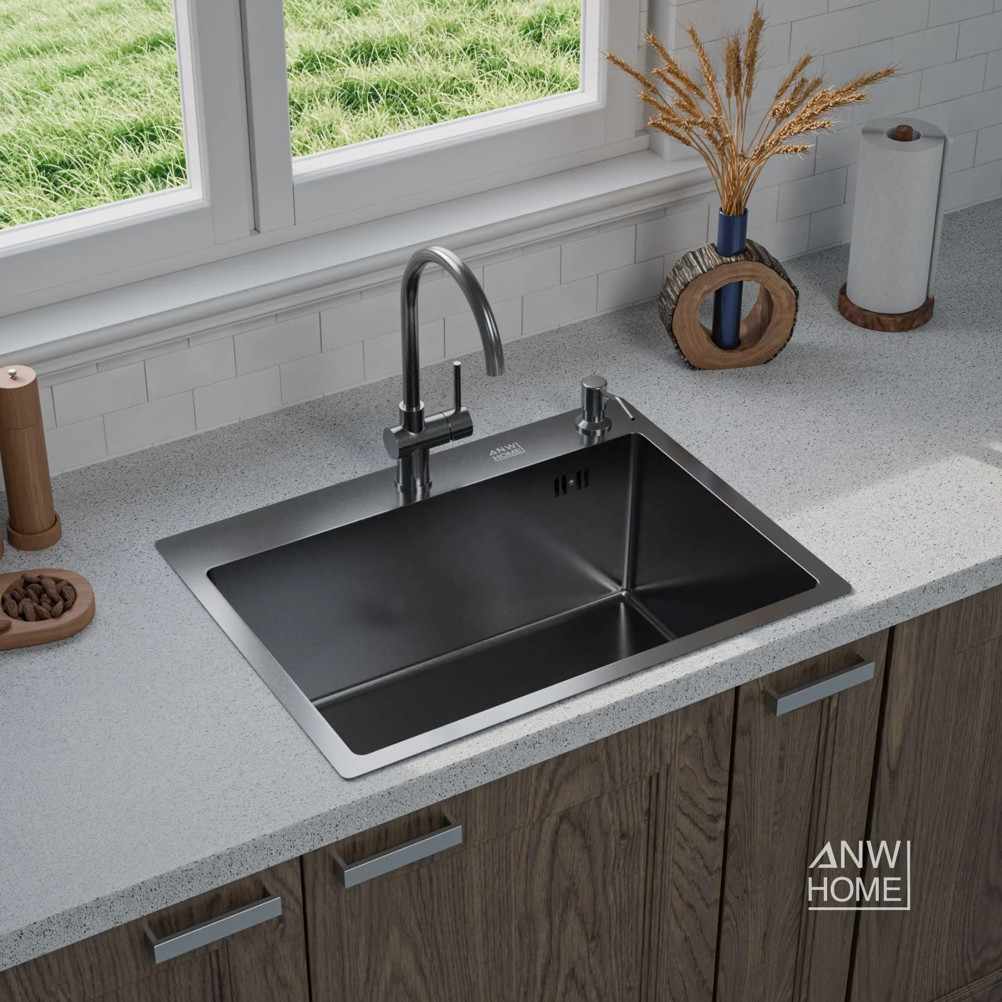 ANW HOME Fregadero Cocina 1 Seno, Acero Inoxidable 60x45 cm, Fregadero sobre Encimera Grafito PVD con Superficie Nano, Grosor 3,0+1 mm, con Sifón Dosificador de Jabón y Cesta