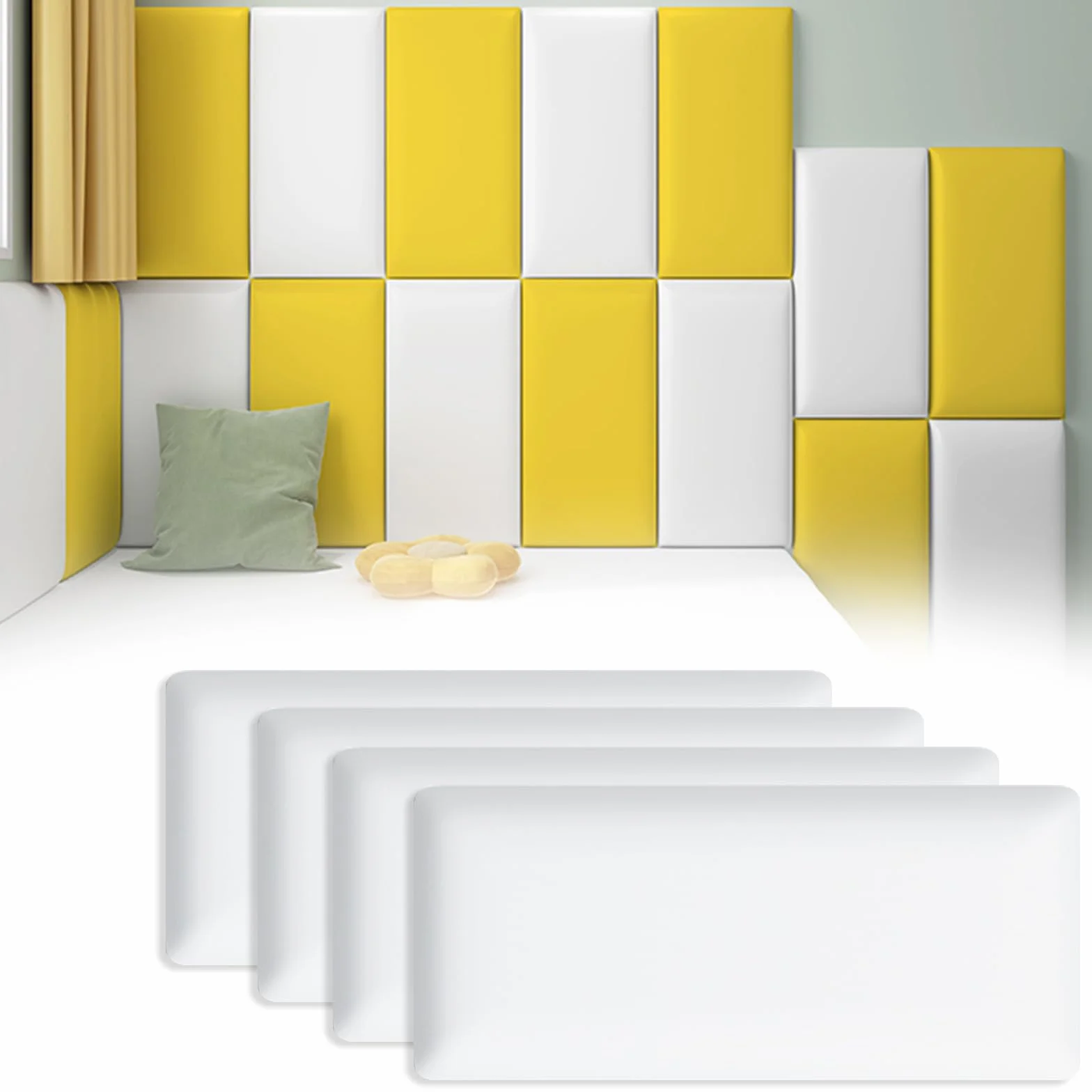Paneles de pared 3D, paquete suave anticolisión, paquete suave para guardería, pegatinas de pared, paquete suave de tatami, paquete suave de pared de fondo para habitación infantil (blanco-4 unidades)