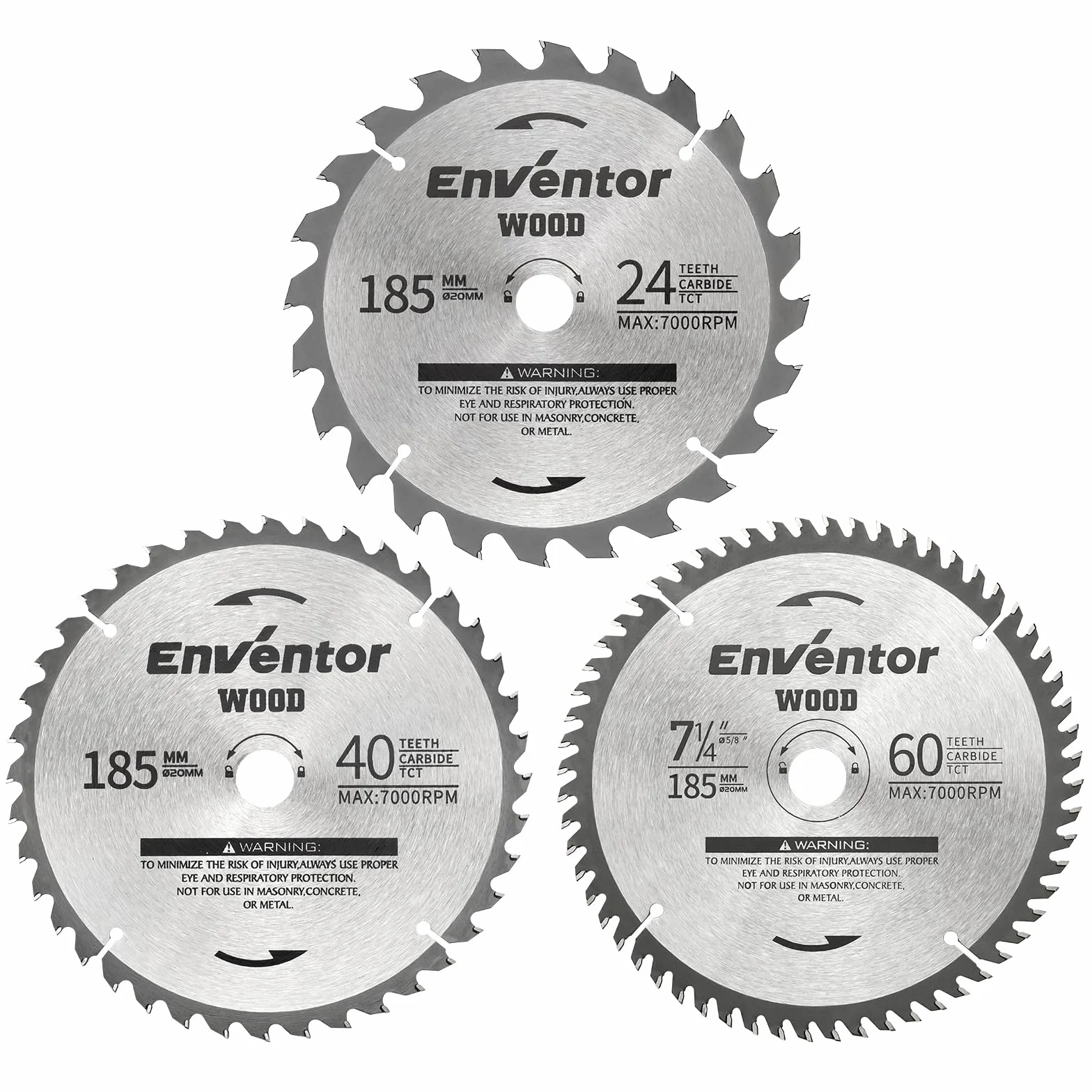 Enventor 3PCS Hoja de Sierra Circular 24T/40T/60T, 185mm x 20mm, Punta de Carburo de Tungsteno, Hoja de Sierra Circular de Mano para Madera, Compatible con Enventor Sierras Circulares