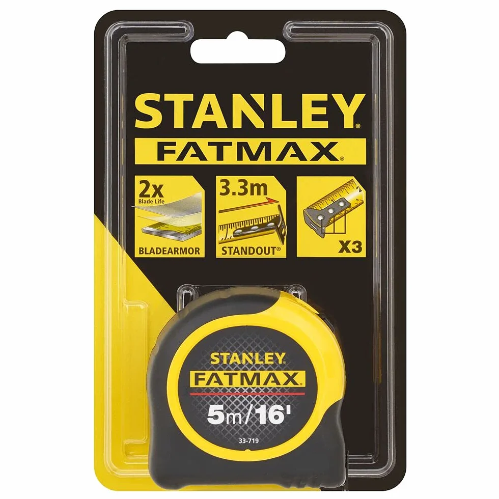 STANLEY FATMAX 0-33-719, Flexómetro 5 metros, Blade Armor, 3 ganchos, Revestimiento de Mylar más resistente