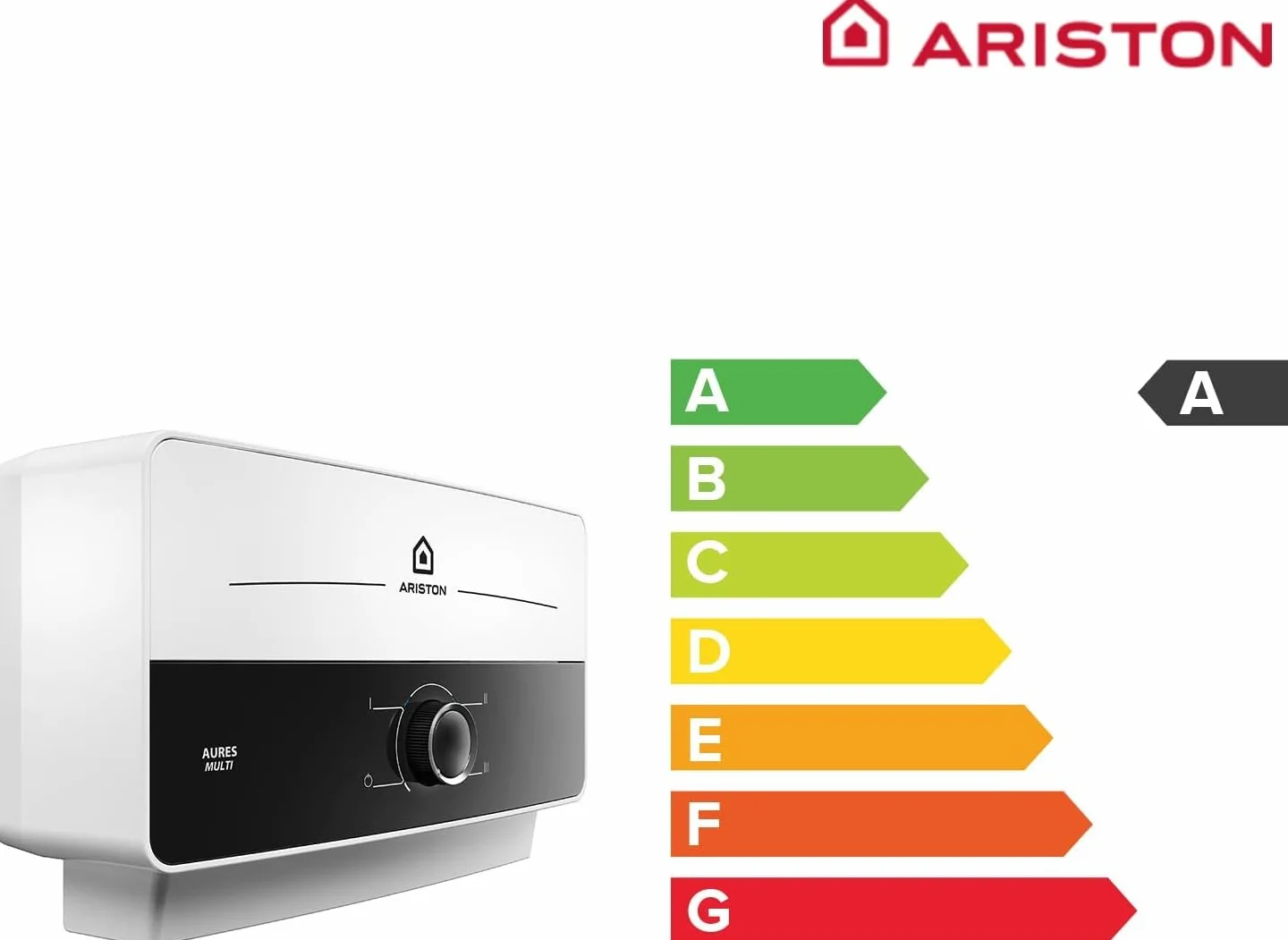 Ariston Aures SM - Termo Eléctrico Vertical Instantáneo, Calentador de Agua Eléctrico Tamaño Reducido, 17,8x30,4x9,8 Fabricado para Instalación en España, Blanco/Negro - Eficiencia A, Rango (A+/F)