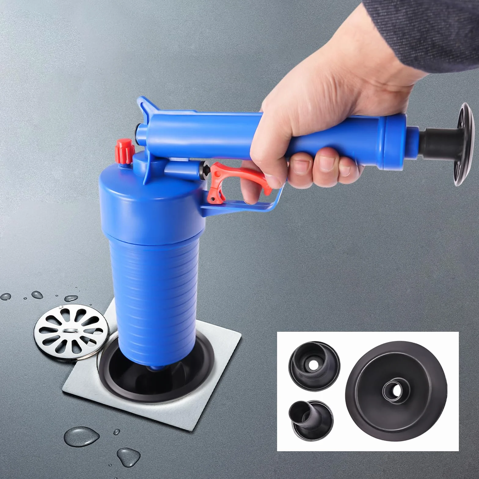Limpiador de tuberías de aire comprimido, 4 bares, bomba de desagüe, juego de limpieza de tuberías para desagüe de suelo, lavabo, aguas residuales, bañera, azul oscuro (azul)