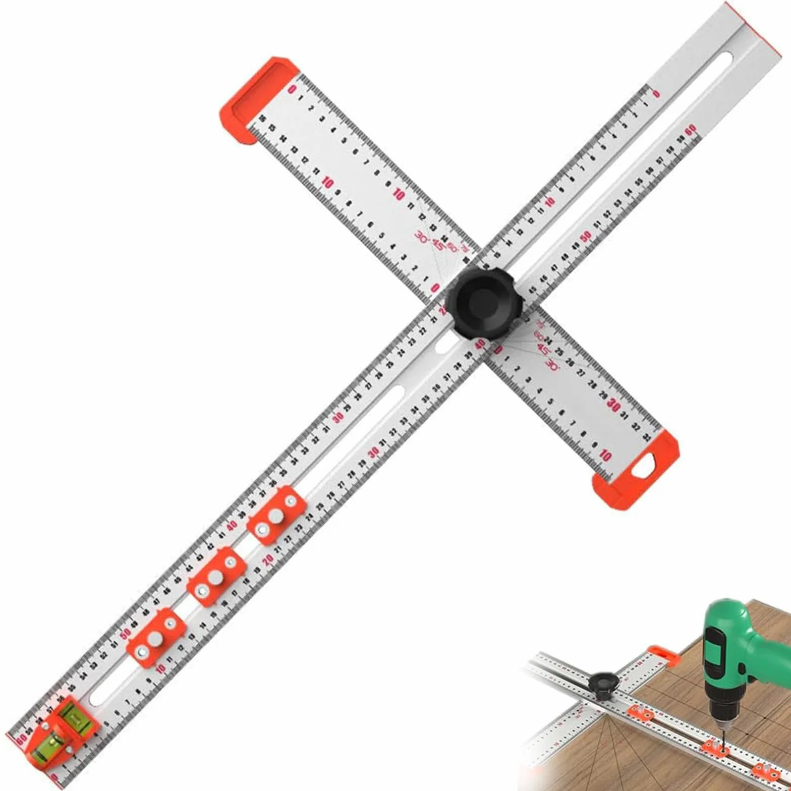 Regla de posicionamiento de perforación 2 en 1, herramientas de calibre de dibujo para carpintería, regla de medición multiángulo de alta precisión de 60 cm para carpintería