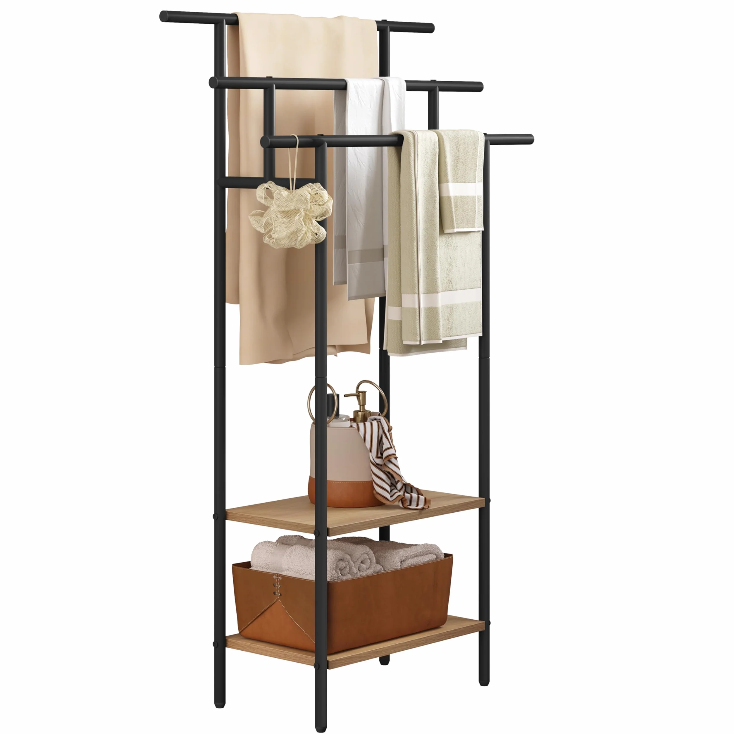EUGAD Toallero de Baño de Pie, Soporte Toallas con 3 Barras y 2 Estantes, Gran Espacio de Almacenamiento, Toallero Escalera de Madera y Metal, Negro+Roble Claro