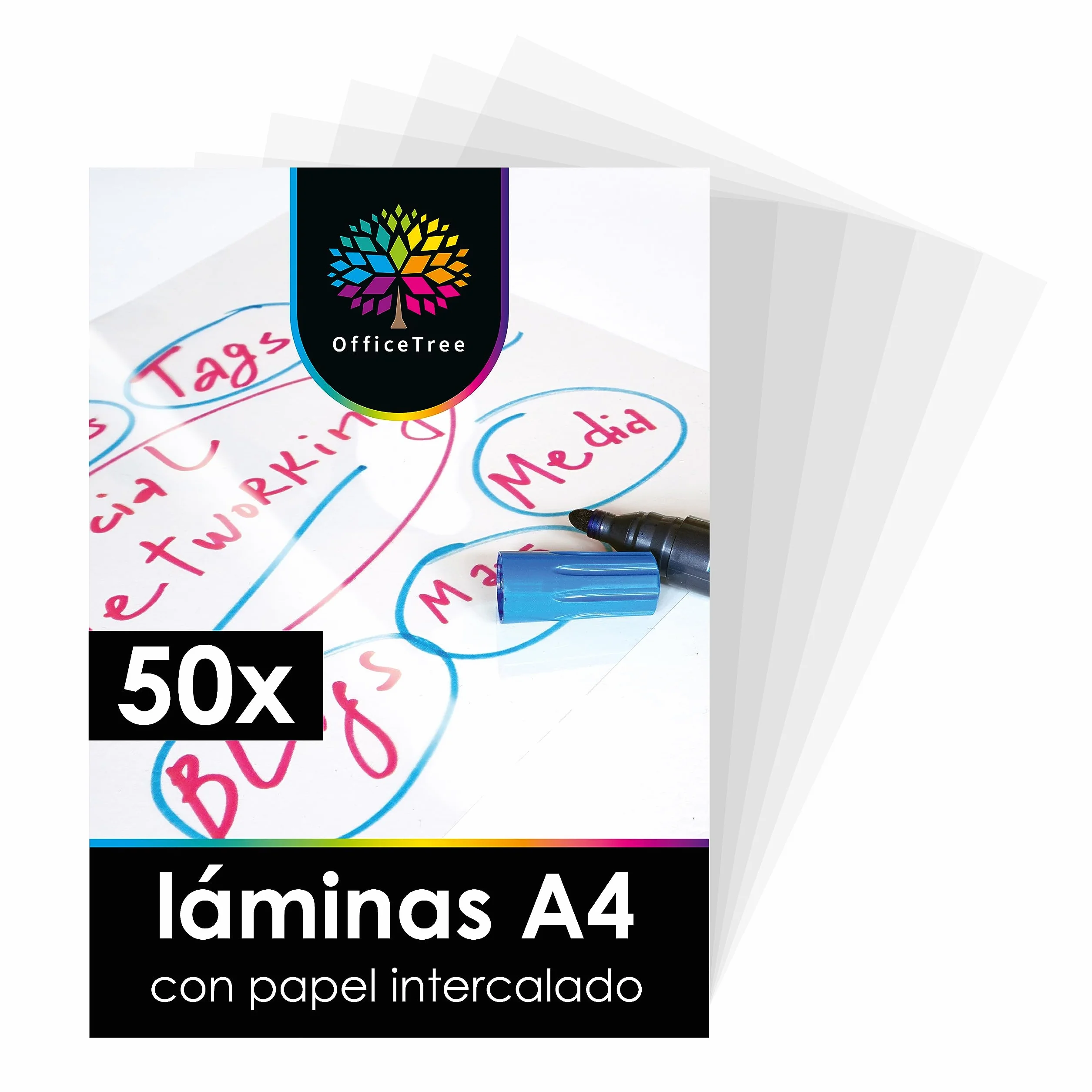 OfficeTree 50 x Lamina Acetato Transparente A4 - Transparencias para Retroproyector - Acetatos A4 para Impresora Láser Copiadora o Retroproyector