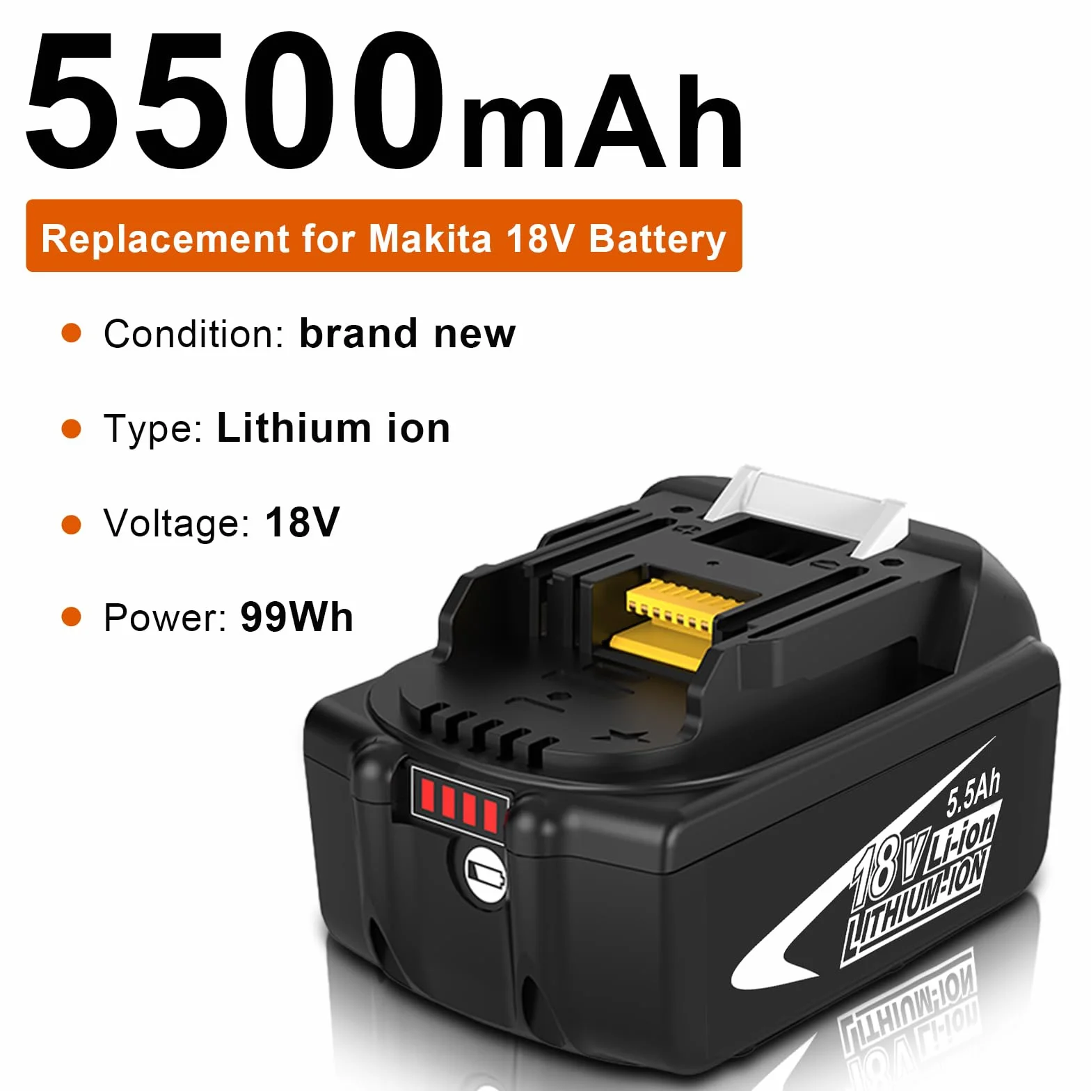 2 pcs 5500mAh Batería Repuesto para Makita 18V Batería .Compatible para Makita BL1860 BL1850B BL1850 BL1840B BL1830B BL1830 BL1820 BL1815 BL1825 BL1835 BL1845 con Indicador LED (Blanco)