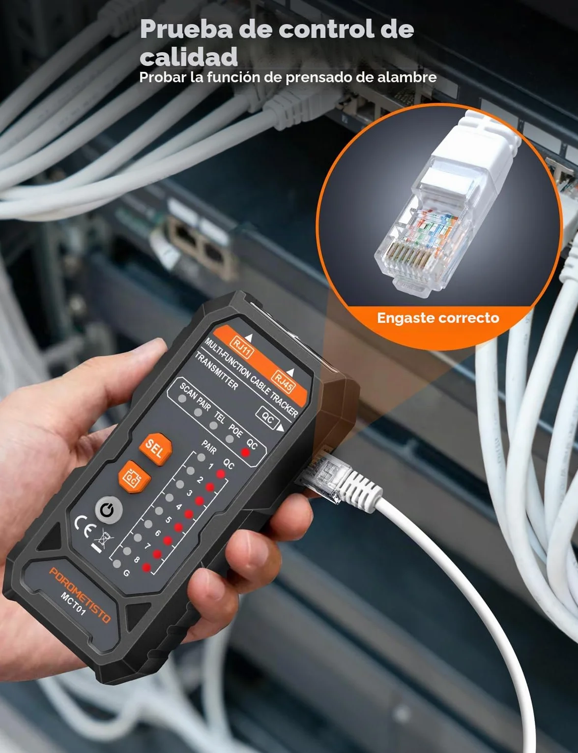 MCT01 POROMETISTO Comprobador de Cables de Red y Ethernet | All-in-One para RJ45/RJ11, Prueba POE, NCV, Linterna, Alarma Sonora, Verificación de Continuidad y Control de Crimpado
