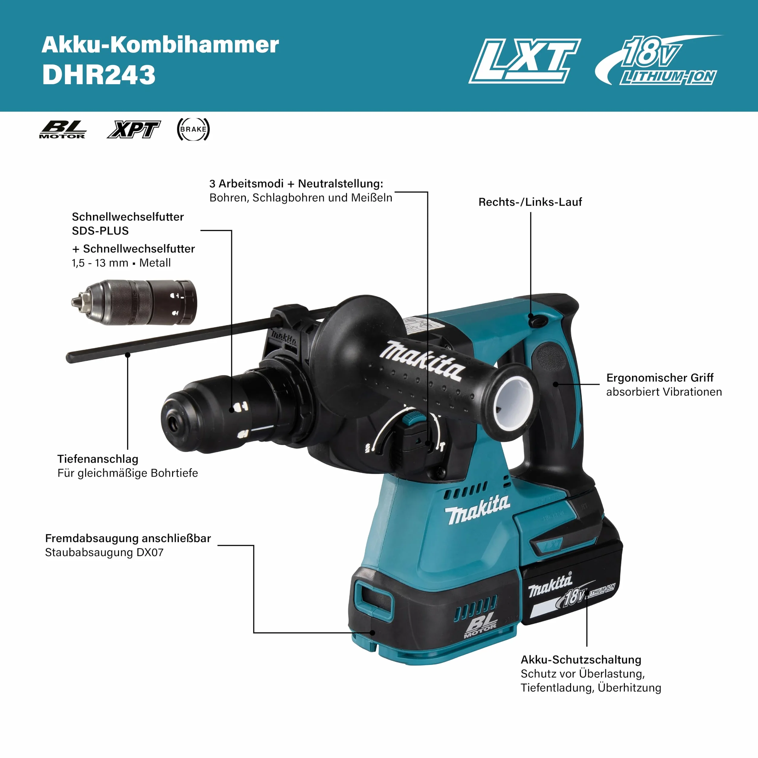 Makita Hammer DHR243Z 18V SDS-Plus 2.0 J BRUSHLESS 3 Funciones (SOLO CUERPO)