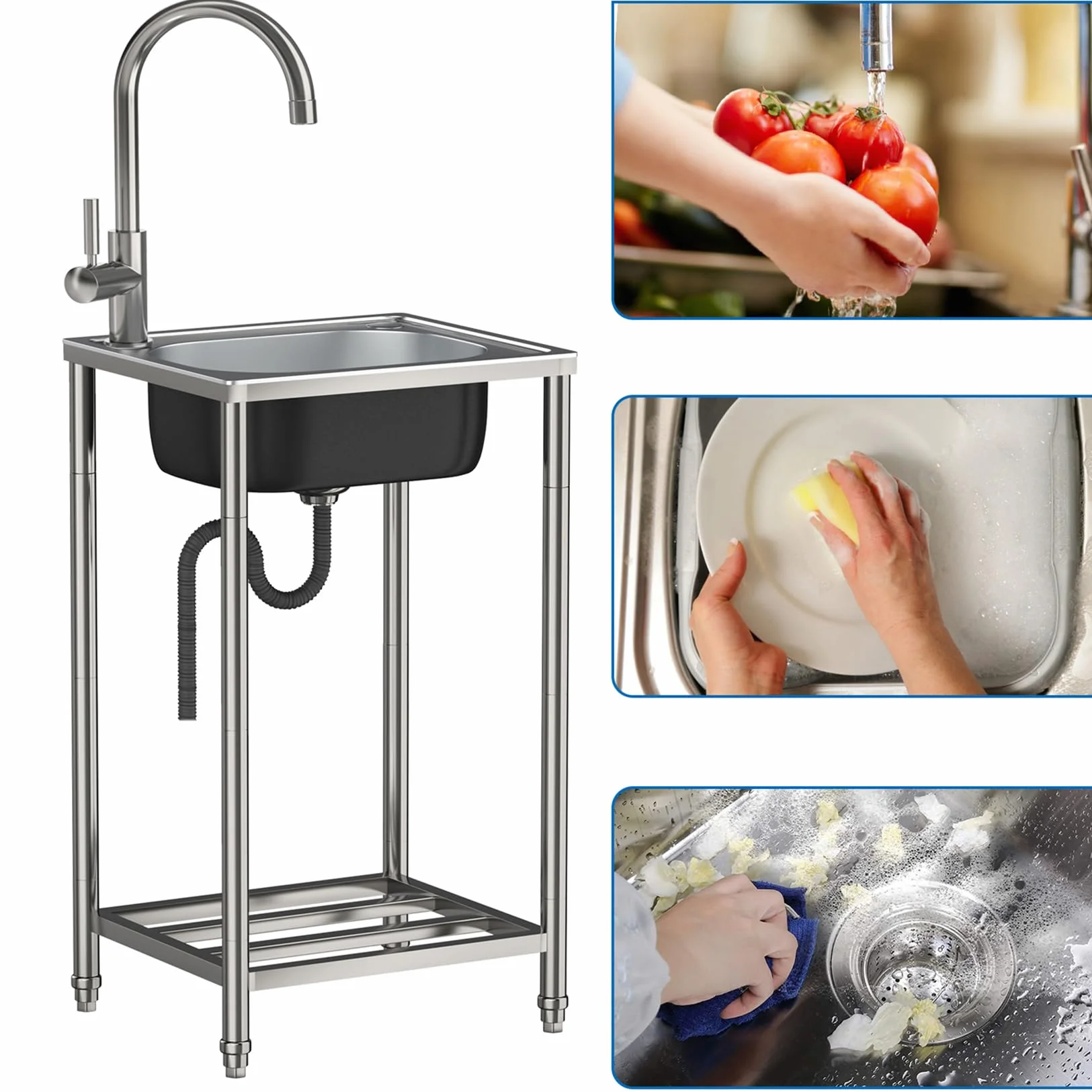 Fregadero De Cocina Exterior/Jardin Mueble Fregadero De Acero Inoxidable | Portatil Lavamanos Industriales con Grifo Estante Y Escurridor Pila De Lavar Para Garajes/Lavanderías/Restaurantes Comercial