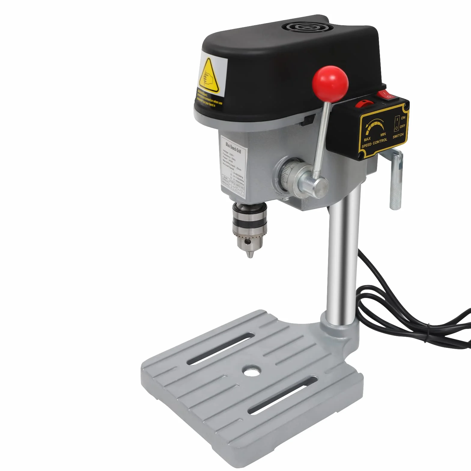 Mini taladro de mesa, 340 W, taladro de columna, tres velocidades, taladro de pie con portabrocas de 1 – 10 mm, regulador de velocidad de banco, para placas de aluminio y madera