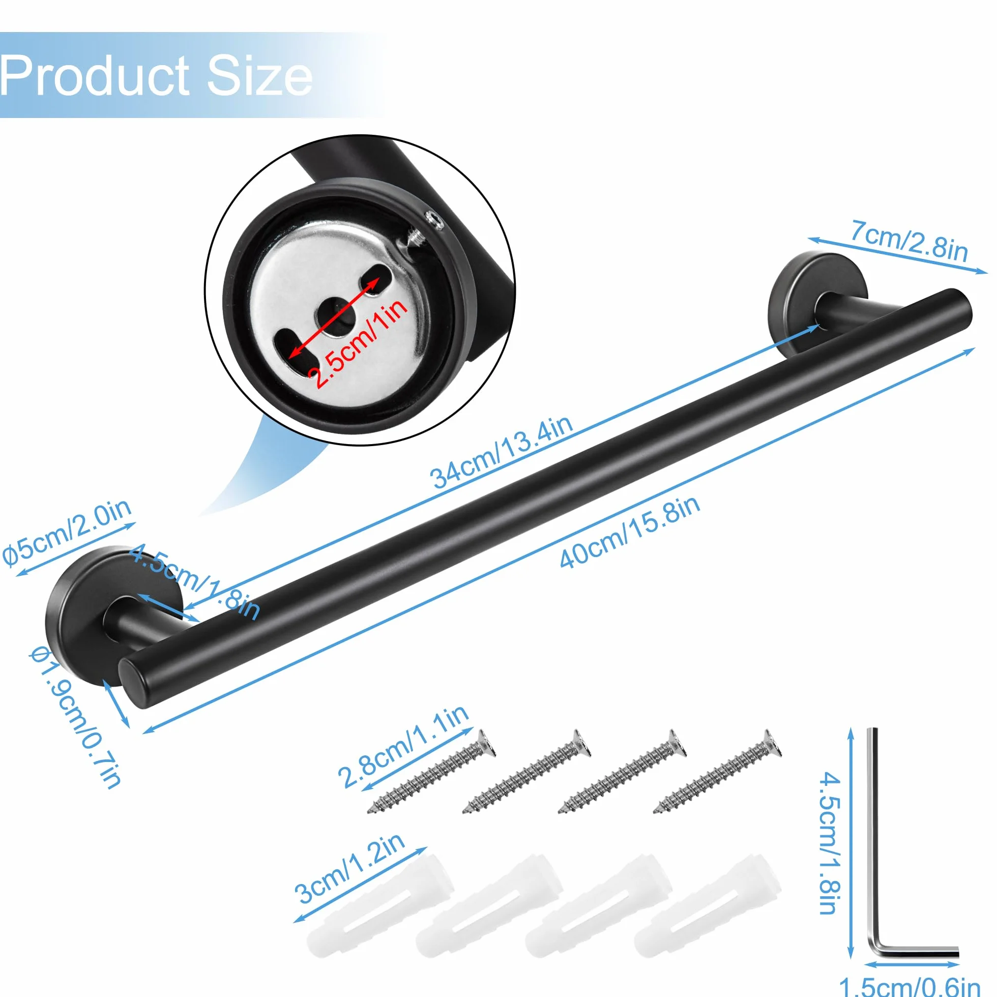 Toallero Montado en la Pared Acabado Cepillado de Acero Inoxidable 304 Pequeño Soporte de Toalla para Baño y Cocina 40cm (Negro)