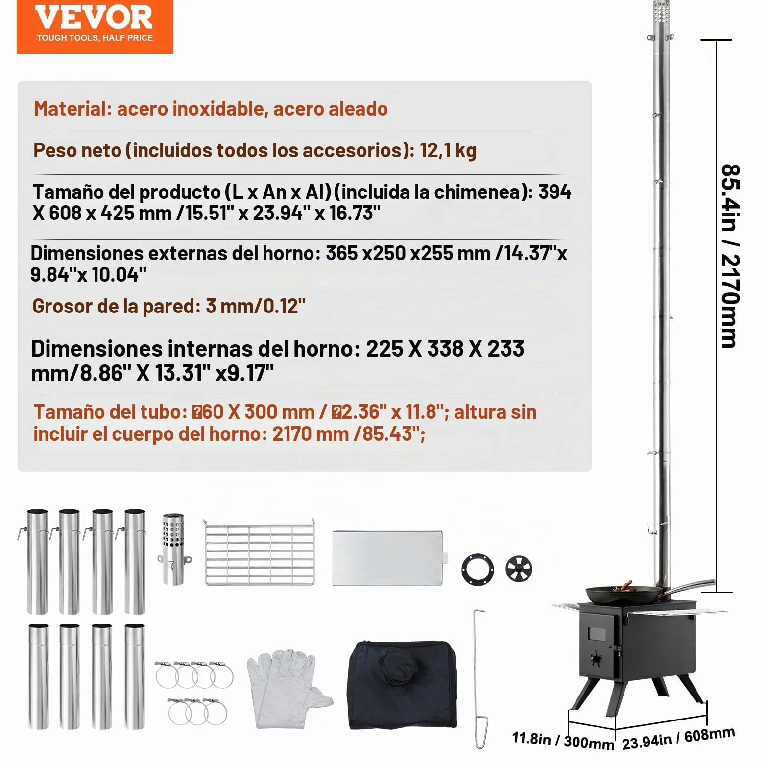 VEVOR Estufa de Leña Portátil para Tienda de Campaña Acero Aleación 8 Tubos Chimenea Guantes 394 x 608 x 425 mm